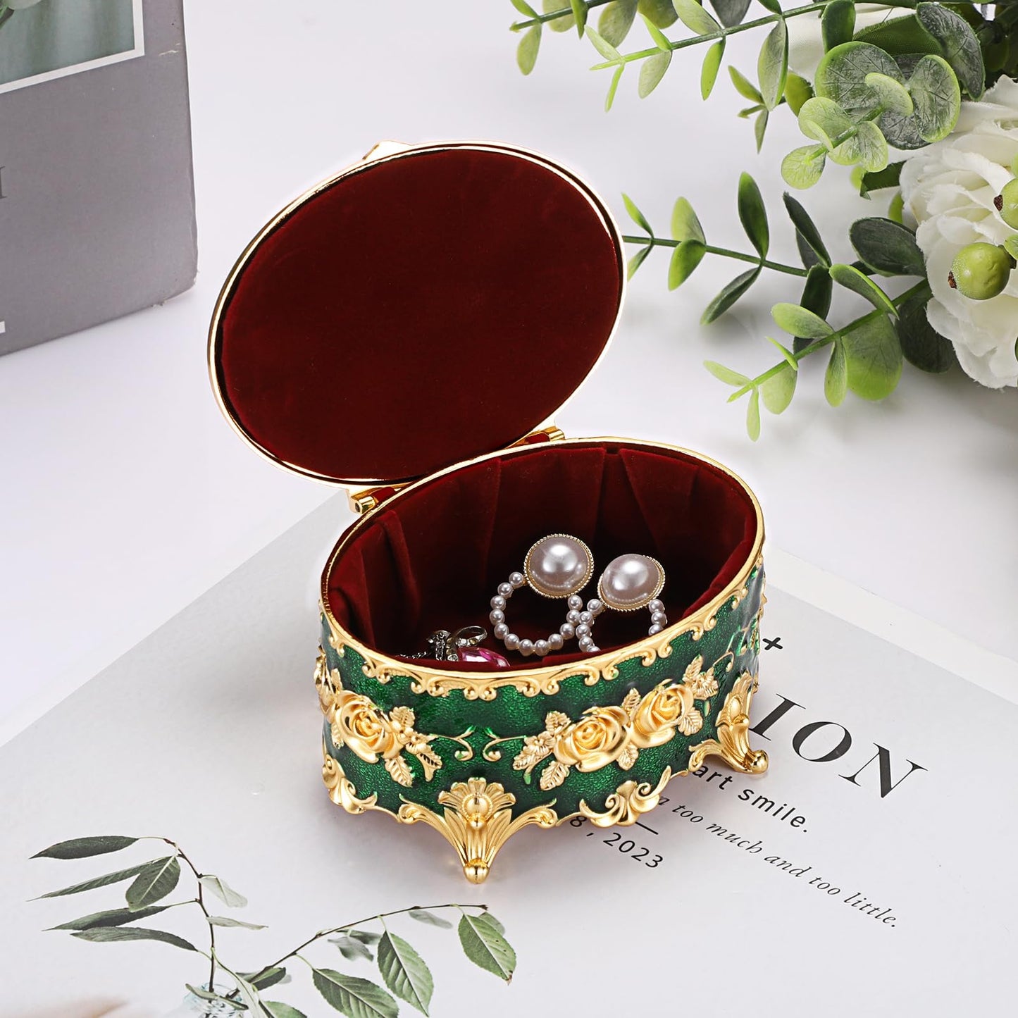 Hipiwe Vintage Metal Jewelry Box - Oval Trinket Organizer Ring Box Case with Rose Pattern Jewelry Storage Box for Ring Earrings Necklace, Gift for Women