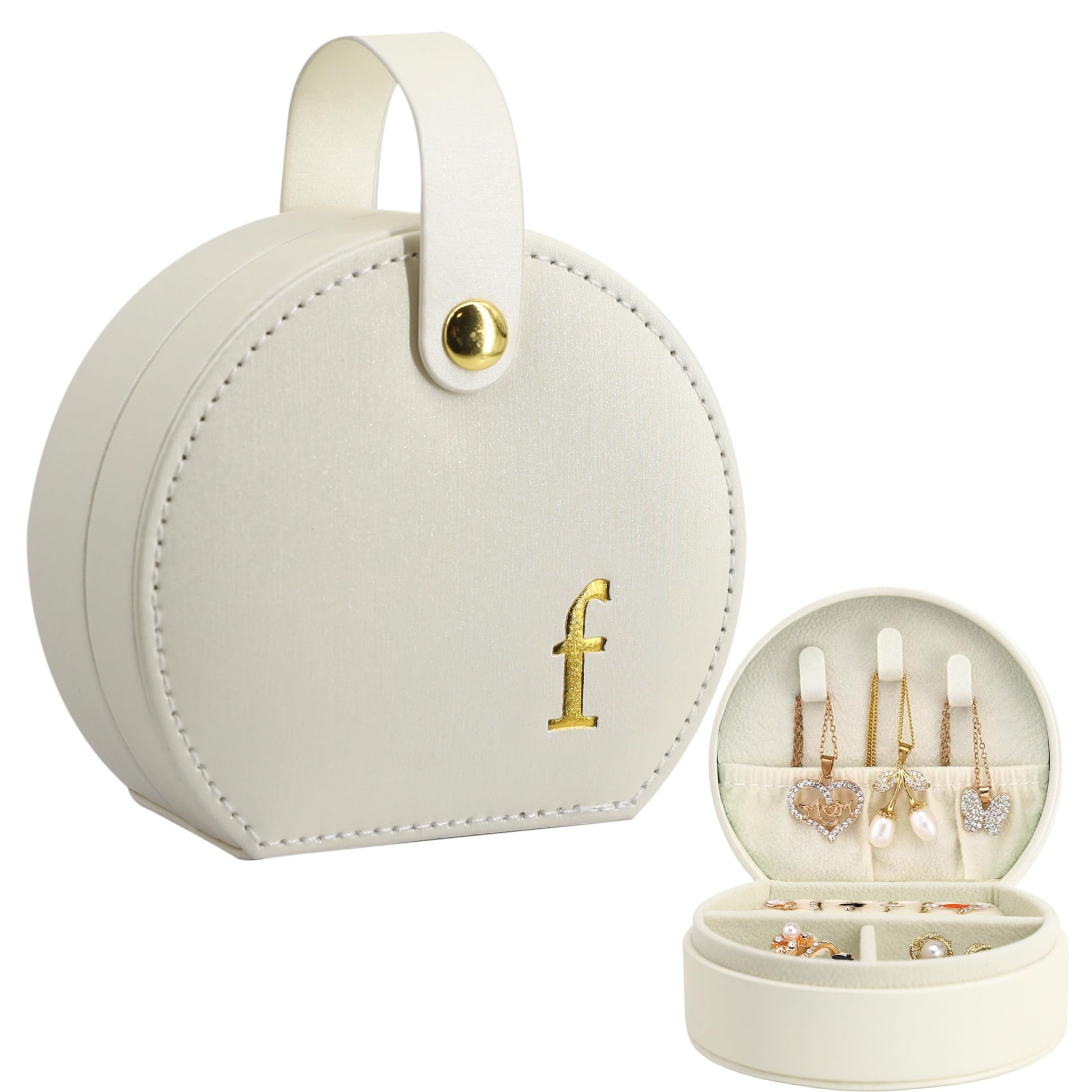 COLLECTIVE HOME - Travel Jewelry Case, Elegant Half-Moon Design with Gold Monogram, Detachable Handle, Personalized Accessory Organizer, Gift for Fashion-Forward Women and Teens (m)