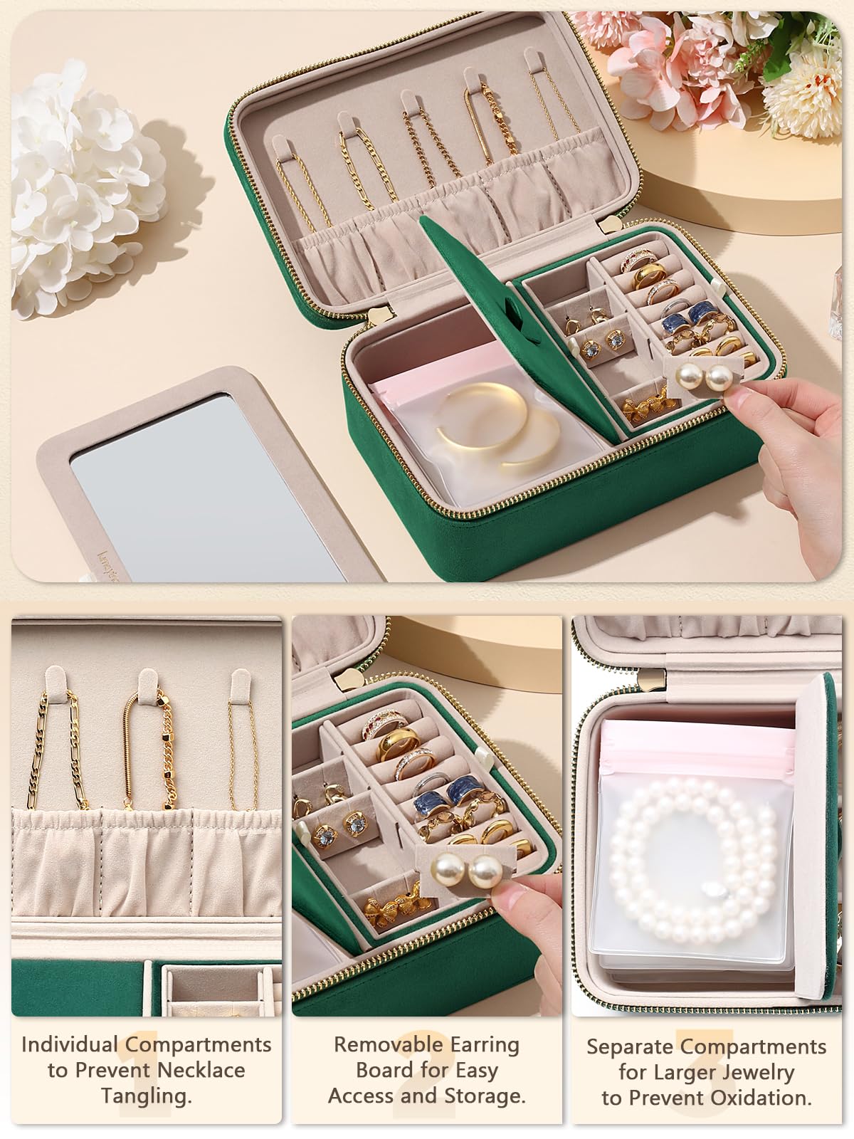Velvet Travel Jewelry Box with Large Mirror, Double-Layer Jewelry Organizer Case for Women and Girls, Portable Storage Case with 6 Anti-Tarnish Bags Gift Ready for Her (Avocado Green)