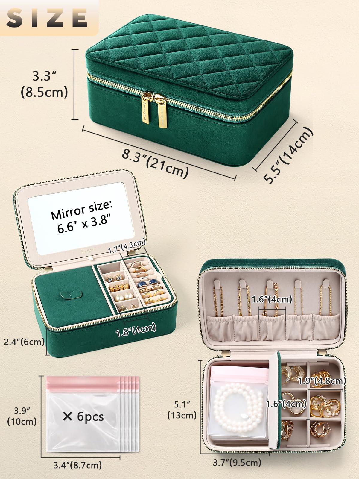 Velvet Travel Jewelry Box with Large Mirror, Double-Layer Jewelry Organizer Case for Women and Girls, Portable Storage Case with 6 Anti-Tarnish Bags Gift Ready for Her (Avocado Green)