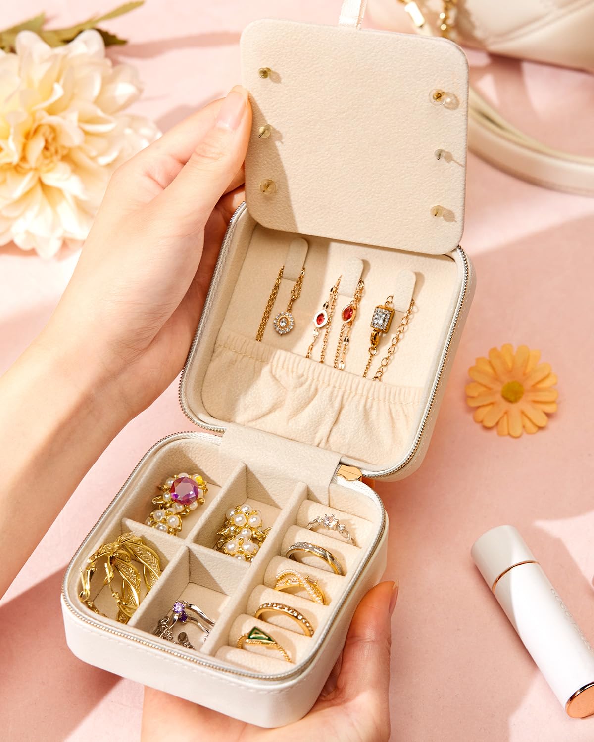 Enthralite Travel Jewelry Box for Girls: Traveling Ring Case Gift for Women - Mini Organizer for Necklaces Earrings White A