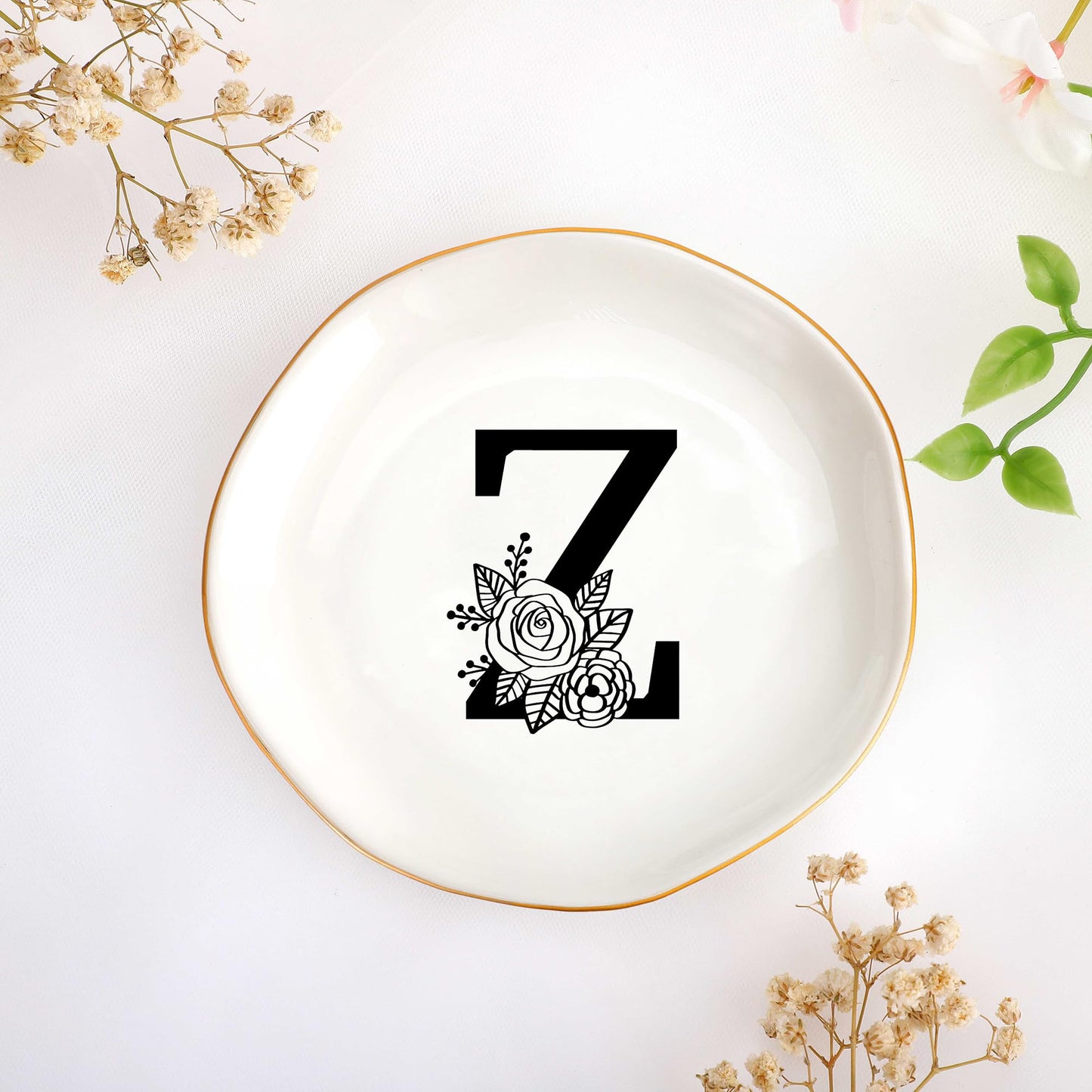 JoycuFF Initial A Ceramic Jewelry Tray, Bridesmaid Bride Gifts, Engagement Birthday Best Friend Mom Grandma Sister Gifts for Women, Trinket Dish for Rings Earrings Necklaces Bracelets Keys