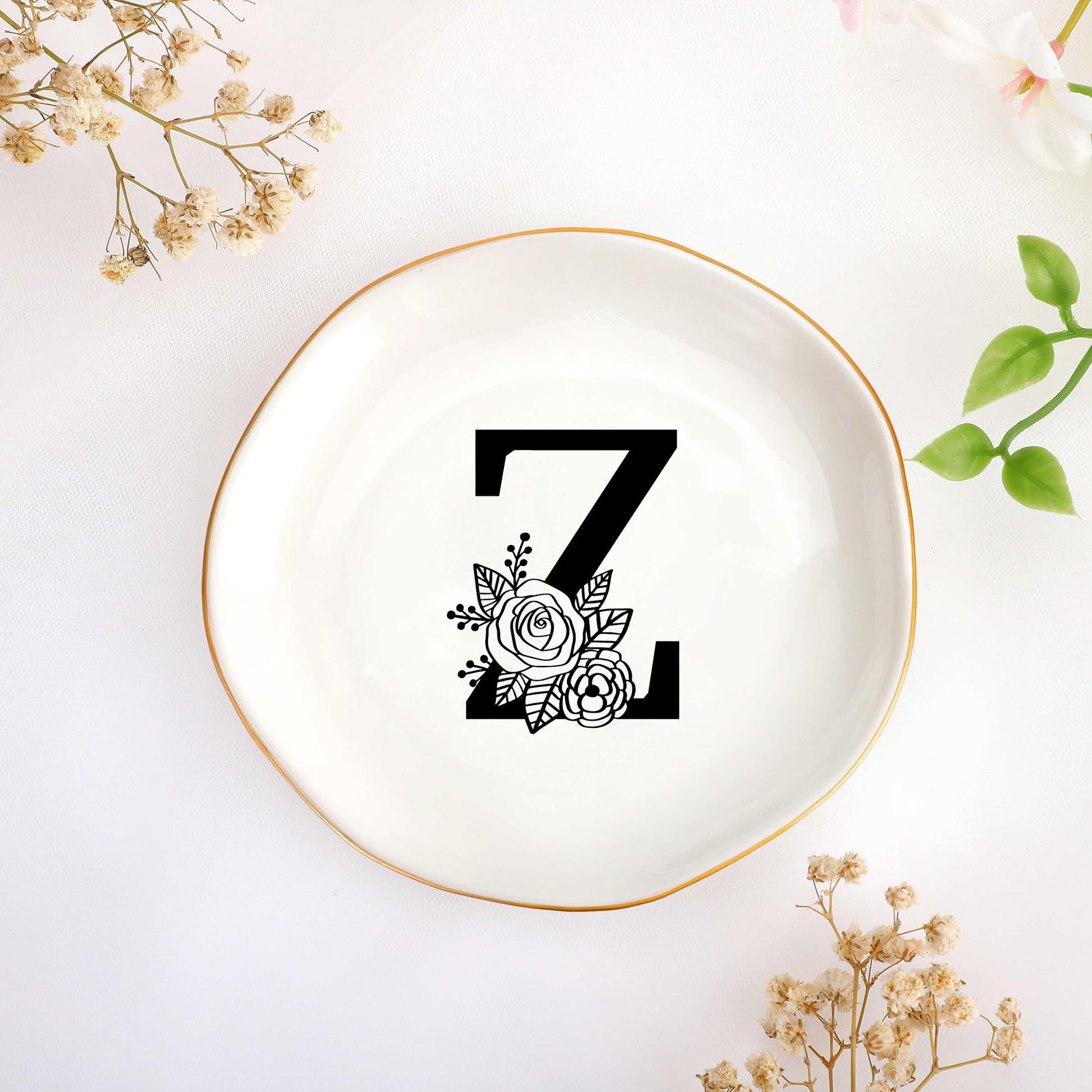 JoycuFF Initial A Ceramic Jewelry Tray, Bridesmaid Bride Gifts, Engagement Birthday Best Friend Mom Grandma Sister Gifts for Women, Trinket Dish for Rings Earrings Necklaces Bracelets Keys