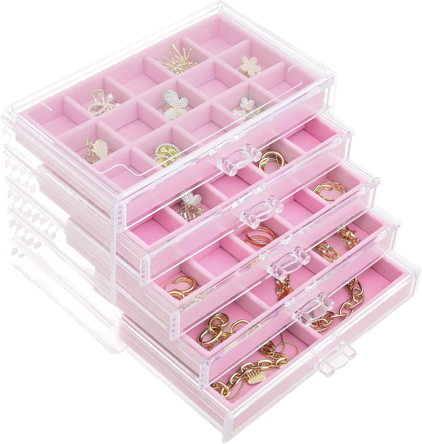 misaya Earring Jewelry Organizer with 5 Drawers, Birthday Present, Clear Acrylic Jewelry Box for Women, Velvet Earring Display Holder for Earrings Ring Bracelet Necklace, Gray