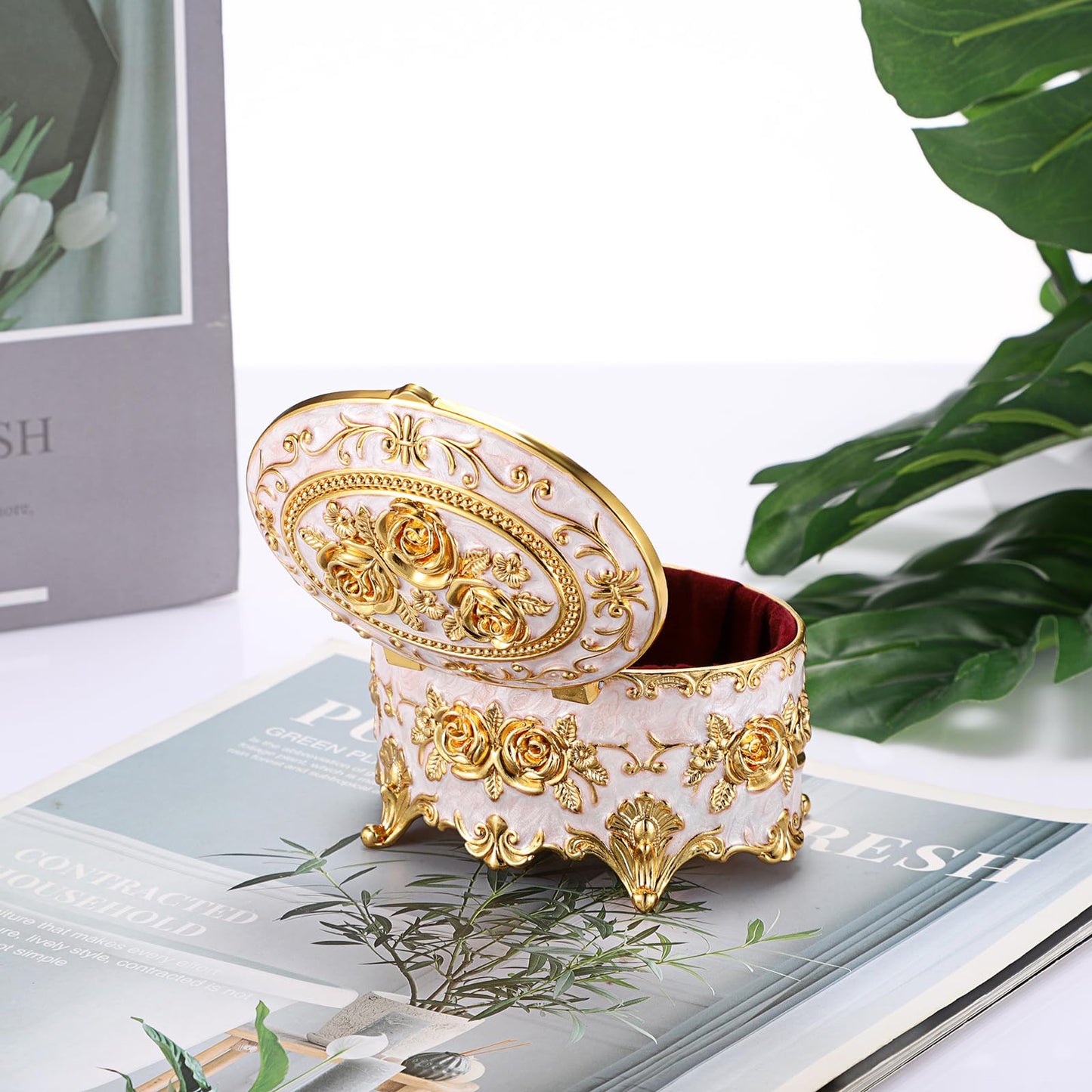 Hipiwe Vintage Metal Jewelry Box - Oval Trinket Organizer Ring Box Case with Rose Pattern Jewelry Storage Box for Ring Earrings Necklace, Gift for Women