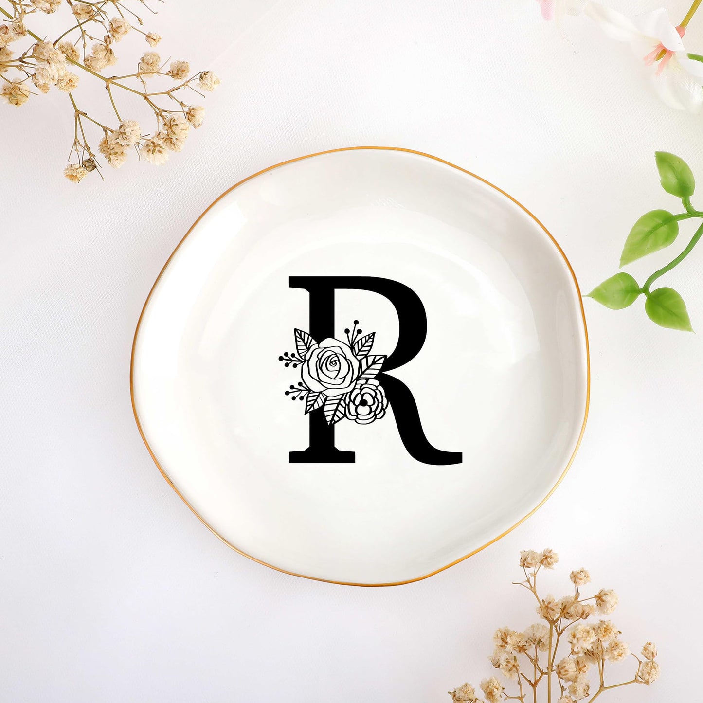 JoycuFF Initial A Ceramic Jewelry Tray, Bridesmaid Bride Gifts, Engagement Birthday Best Friend Mom Grandma Sister Gifts for Women, Trinket Dish for Rings Earrings Necklaces Bracelets Keys