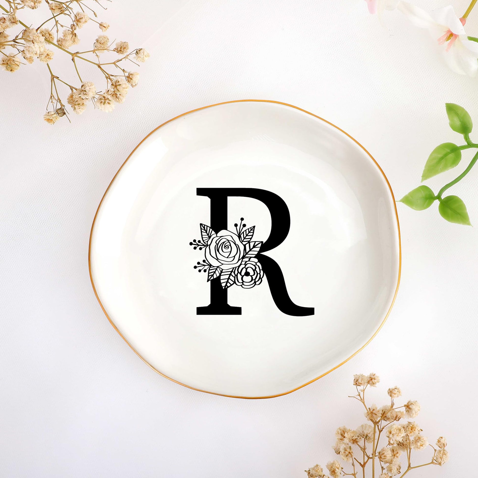 JoycuFF Initial A Ceramic Jewelry Tray, Bridesmaid Bride Gifts, Engagement Birthday Best Friend Mom Grandma Sister Gifts for Women, Trinket Dish for Rings Earrings Necklaces Bracelets Keys