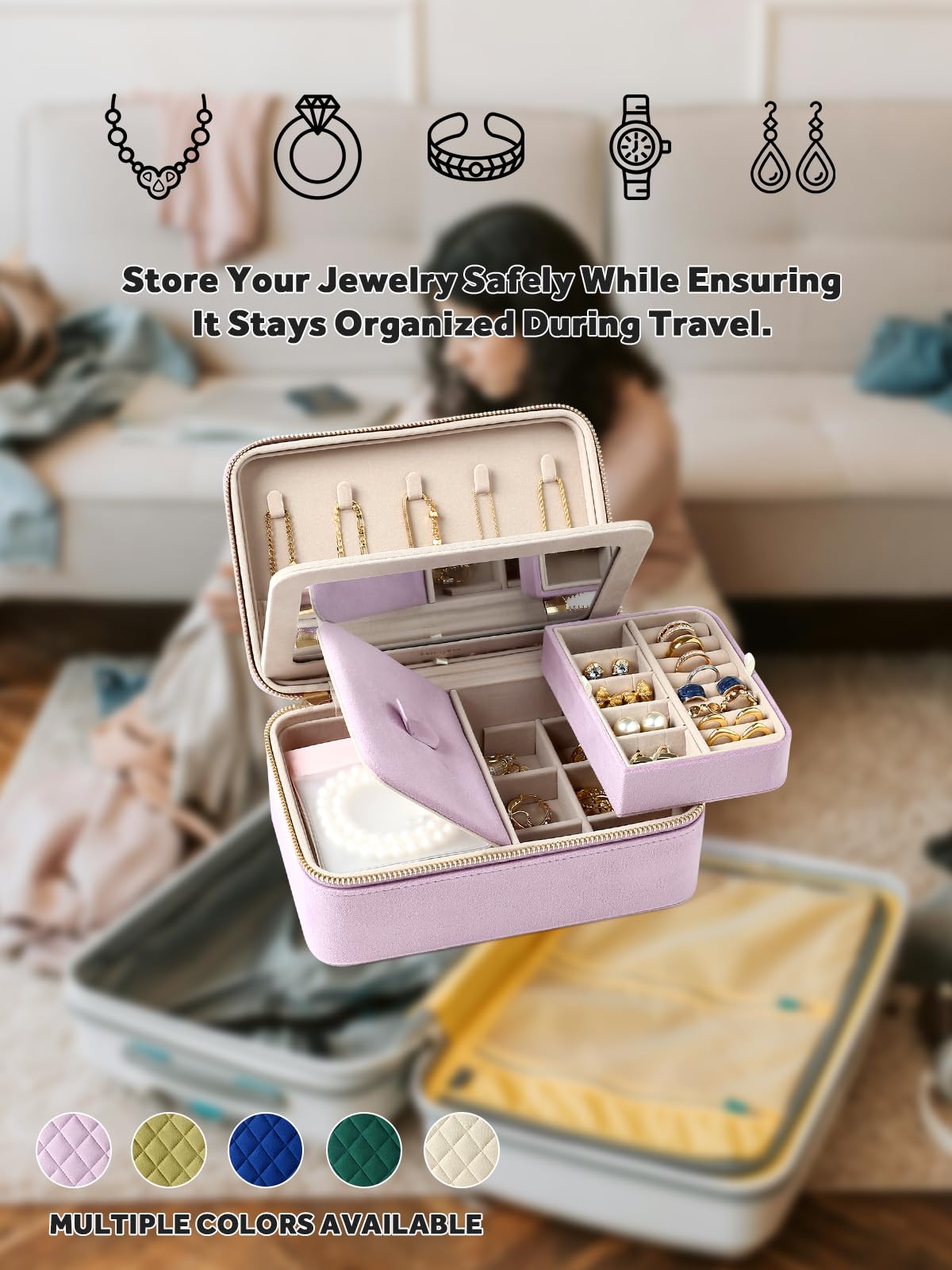 Velvet Travel Jewelry Box with Large Mirror, Double-Layer Jewelry Organizer Case for Women and Girls, Portable Storage Case with 6 Anti-Tarnish Bags Gift Ready for Her (Avocado Green)