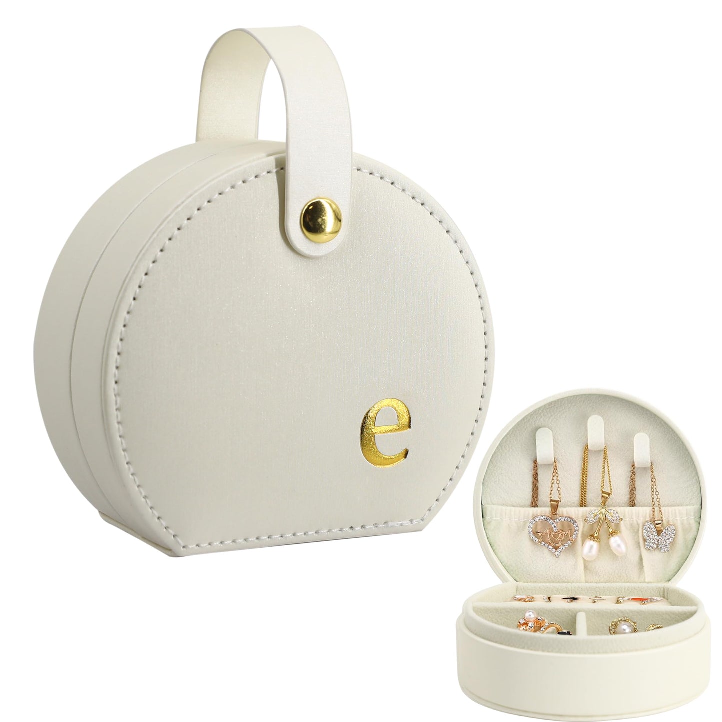 COLLECTIVE HOME - Travel Jewelry Case, Elegant Half-Moon Design with Gold Monogram, Detachable Handle, Personalized Accessory Organizer, Gift for Fashion-Forward Women and Teens (m)