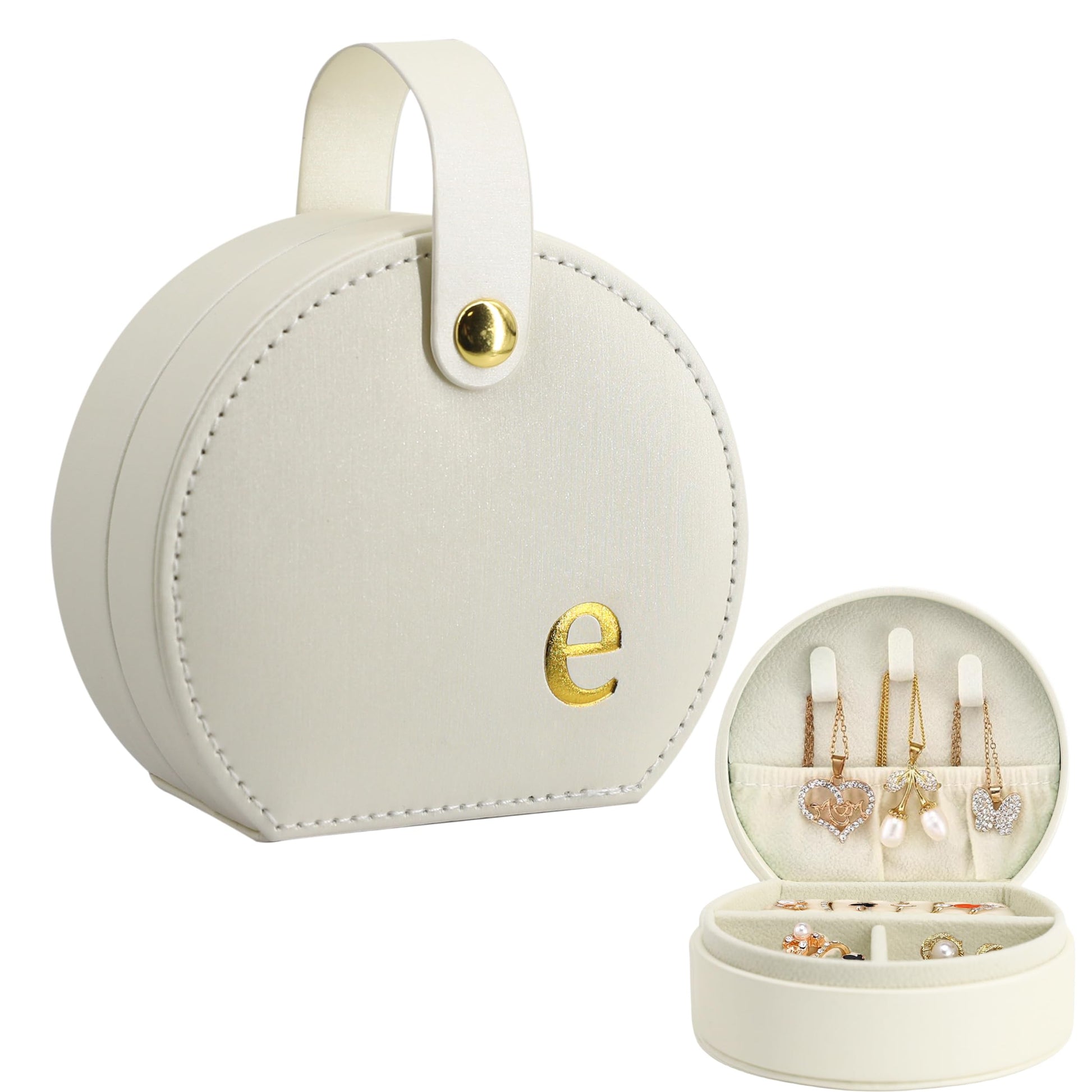 COLLECTIVE HOME - Travel Jewelry Case, Elegant Half-Moon Design with Gold Monogram, Detachable Handle, Personalized Accessory Organizer, Gift for Fashion-Forward Women and Teens (m)