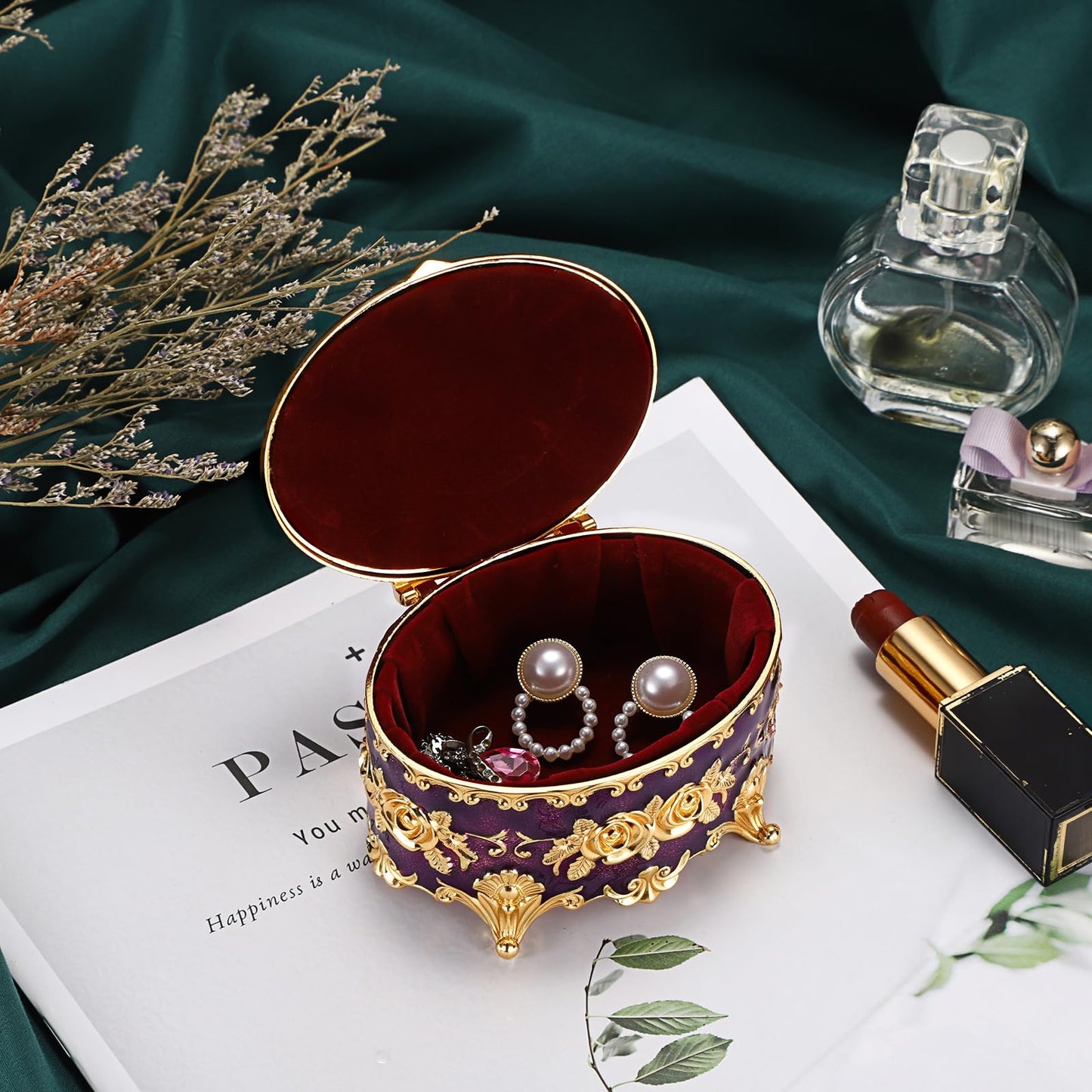 Hipiwe Vintage Metal Jewelry Box - Oval Trinket Organizer Ring Box Case with Rose Pattern Jewelry Storage Box for Ring Earrings Necklace, Gift for Women