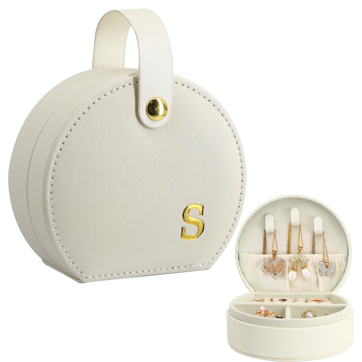 COLLECTIVE HOME - Travel Jewelry Case, Elegant Half-Moon Design with Gold Monogram, Detachable Handle, Personalized Accessory Organizer, Gift for Fashion-Forward Women and Teens (m)