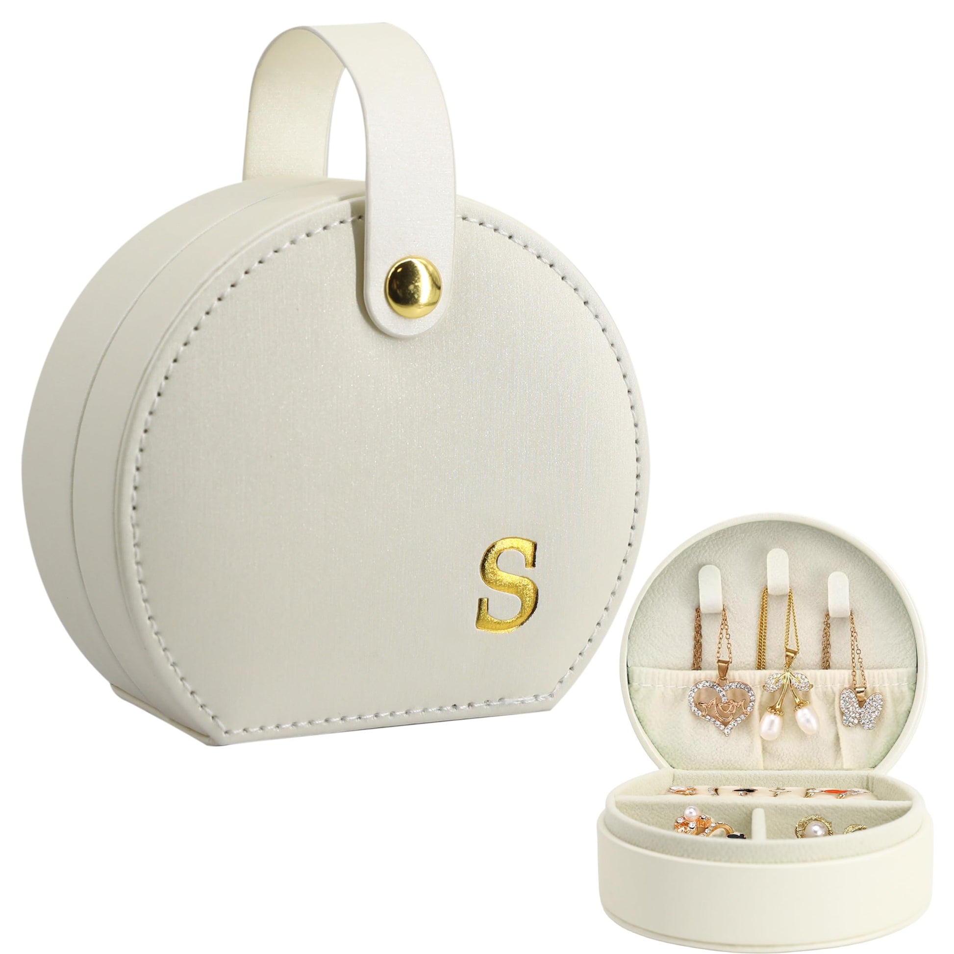 COLLECTIVE HOME - Travel Jewelry Case, Elegant Half-Moon Design with Gold Monogram, Detachable Handle, Personalized Accessory Organizer, Gift for Fashion-Forward Women and Teens (m)