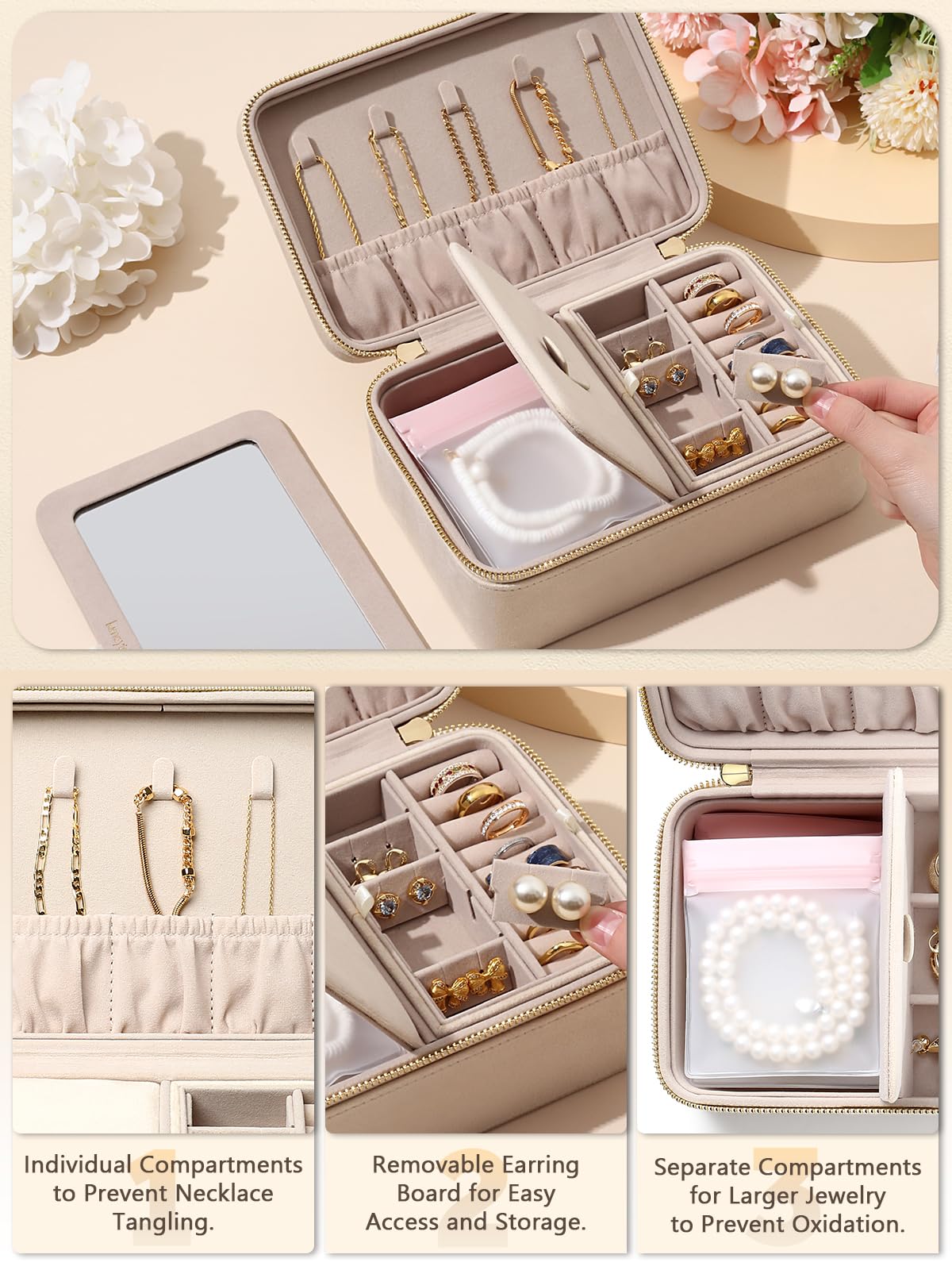 Velvet Travel Jewelry Box with Large Mirror, Double-Layer Jewelry Organizer Case for Women and Girls, Portable Storage Case with 6 Anti-Tarnish Bags Gift Ready for Her (Avocado Green)