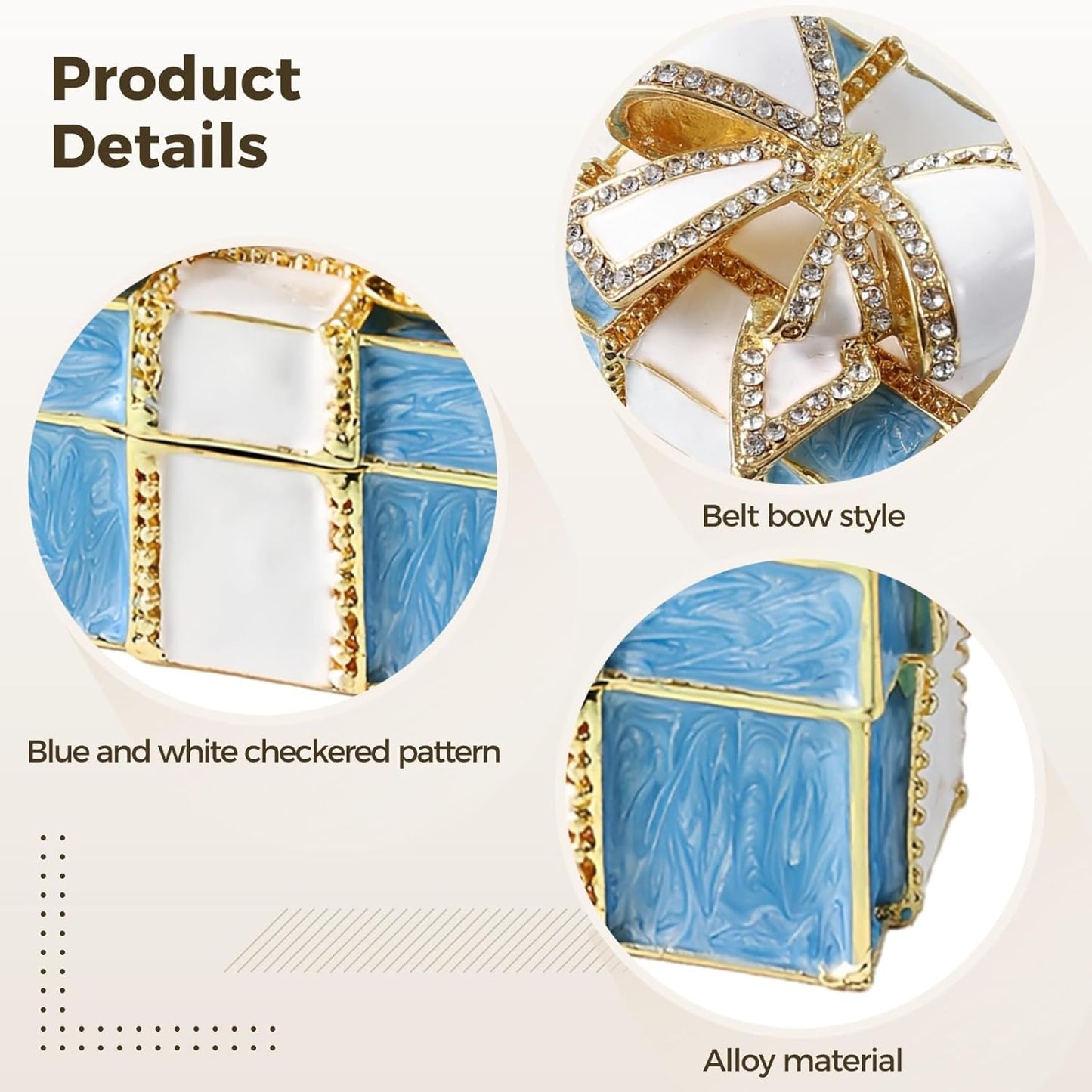 Small Jewelry Gift Box for Necklace, Earrings, Bracelet, Women Gifts, Alloy Bowknot Design, Blue and White Grid Pattern, Metallic Luster, Exquisite Enamel Craft, Inner Pad Protection