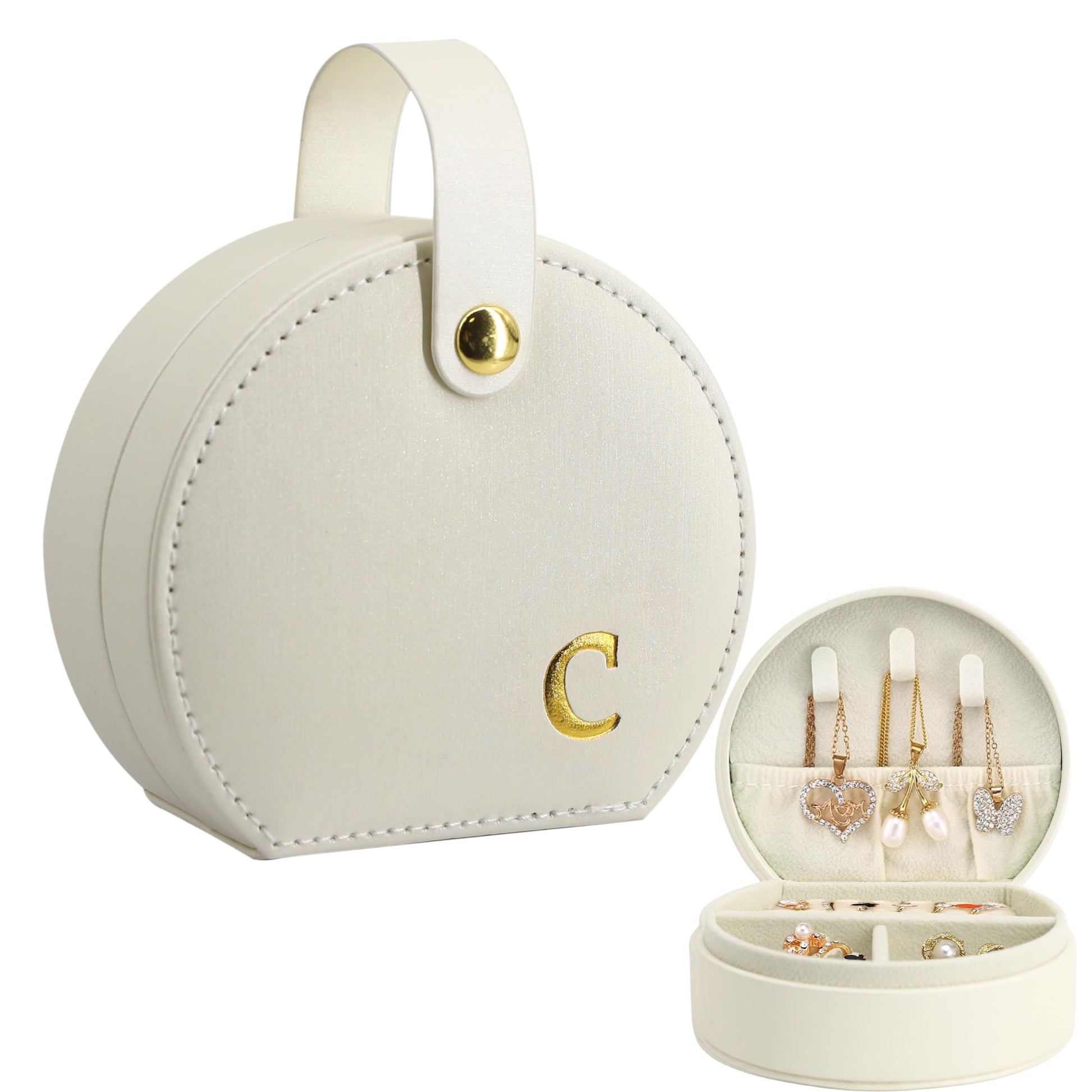 COLLECTIVE HOME - Travel Jewelry Case, Elegant Half-Moon Design with Gold Monogram, Detachable Handle, Personalized Accessory Organizer, Gift for Fashion-Forward Women and Teens (m)