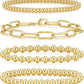 adoyi Gold Bracelets for Women Waterproof, 14K Gold Plated Beaded Strand Bead Ball Bracelets stack Adjustable Jewelry Set for Gifts