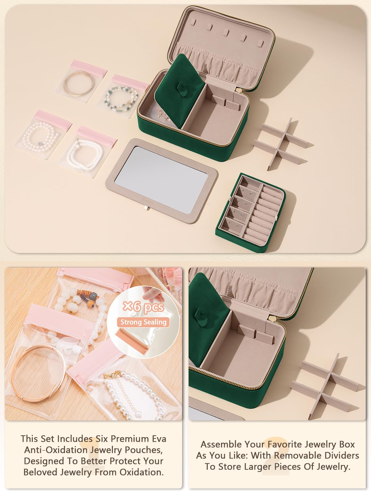 Velvet Travel Jewelry Box with Large Mirror, Double-Layer Jewelry Organizer Case for Women and Girls, Portable Storage Case with 6 Anti-Tarnish Bags Gift Ready for Her (Avocado Green)