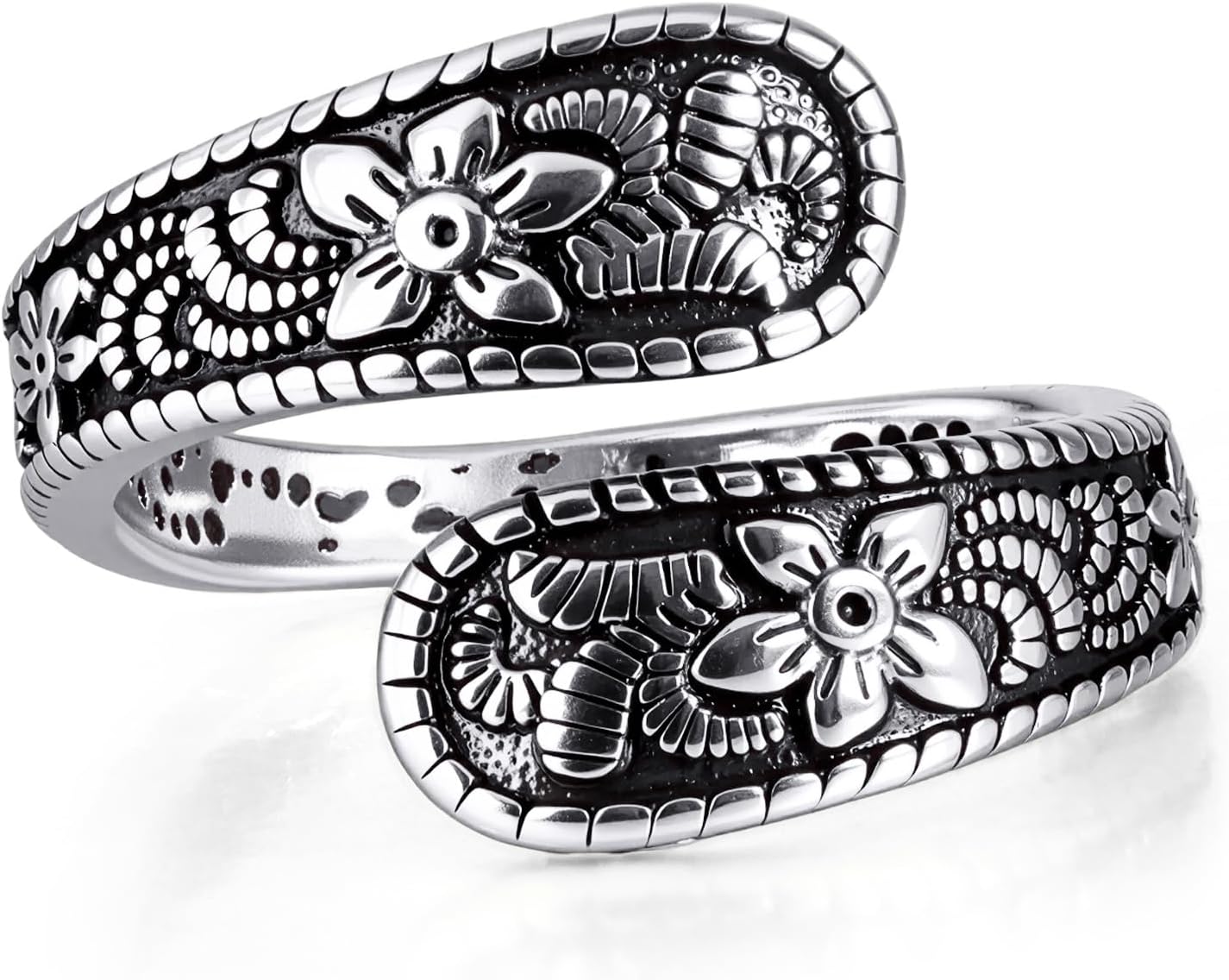Vintage 14K Gold Plated and Silver Spoon Ring – Adjustable Ring with Carving Design for Women, Unique Boho Open Ring for Gift