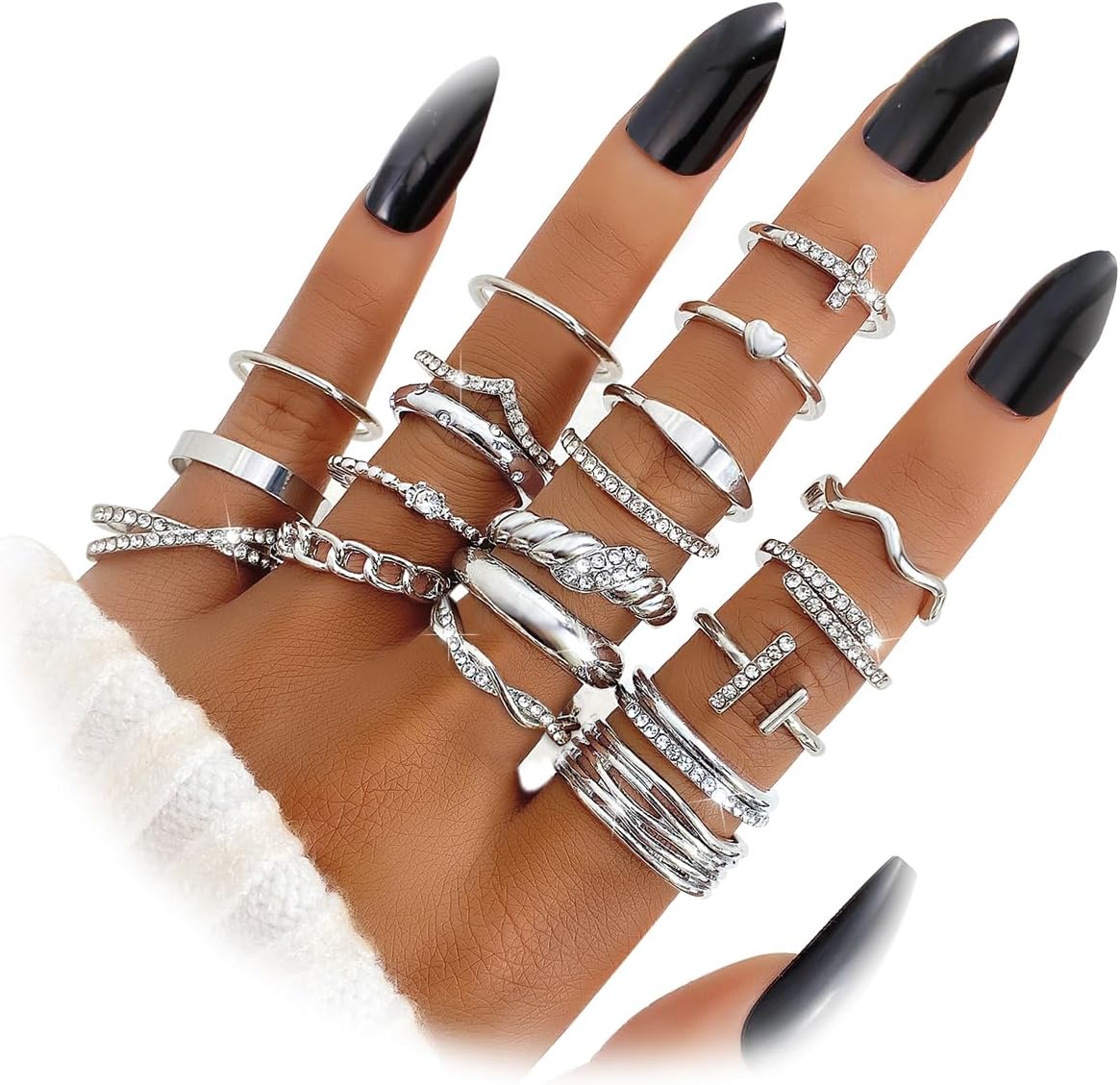 KISS WIFE Golden Silvery Black Kunckle Rings Set for Women, Dainty Simple Trendy Cute Stackable Finger Rings Pack, Perfect for Stacking Layering on Thumb and Knuckle, Mixed Size, Jewelry Gift