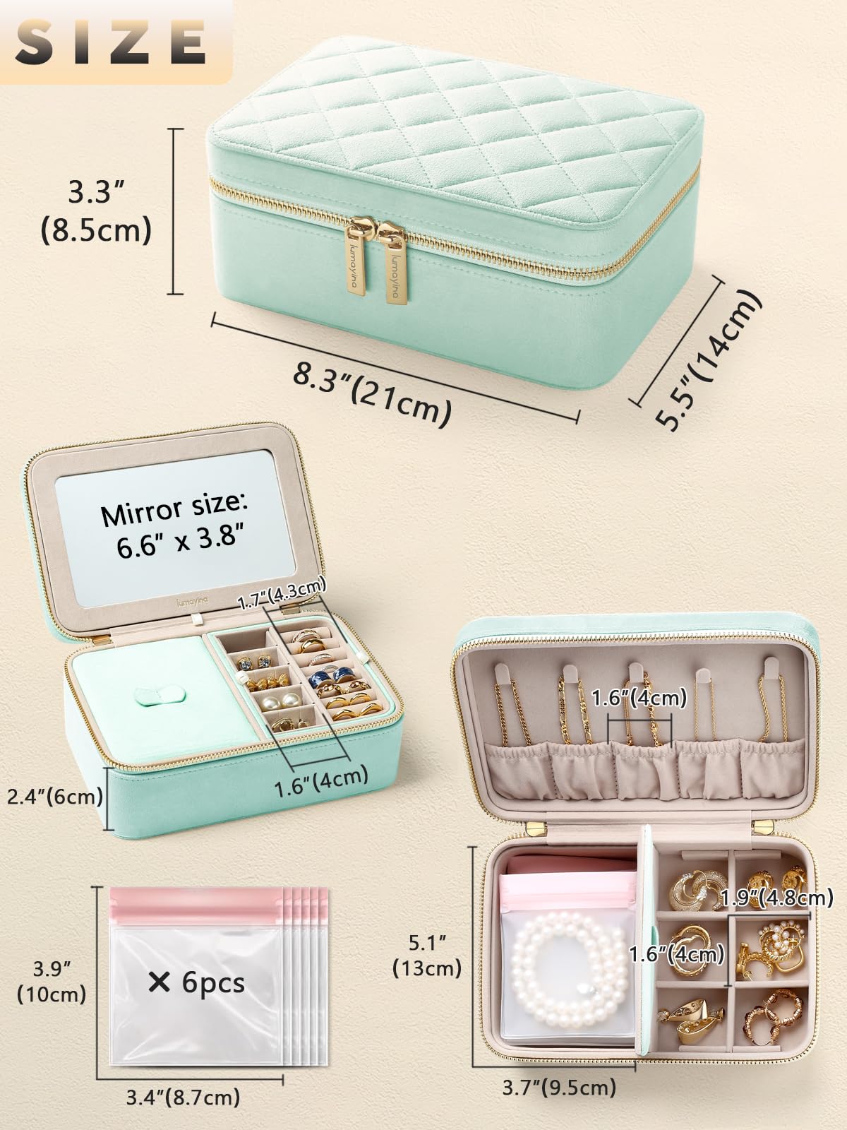 Velvet Travel Jewelry Box with Large Mirror, Double-Layer Jewelry Organizer Case for Women and Girls, Portable Storage Case with 6 Anti-Tarnish Bags Gift Ready for Her (Avocado Green)