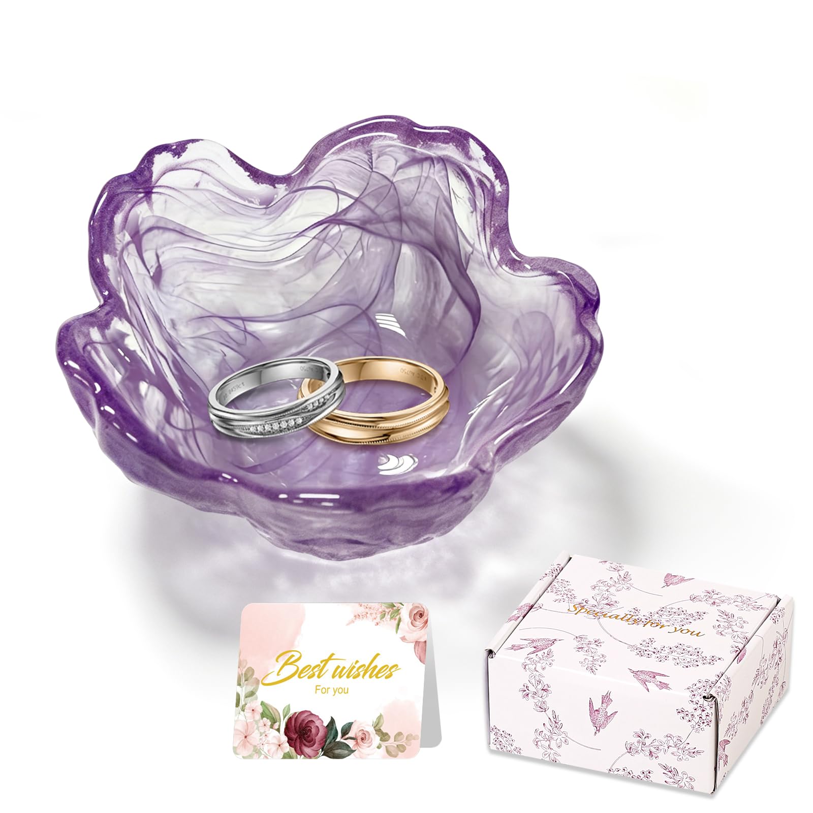 Purple Flower Jewelry Dish Glass Ring Holder Dish Jewelry Tray Cute Vanity Organizer Aesthetic Nightstand Bathroom Room Decor Trinket Dish Mothers Day Friendship Christmas Birthday Gifts for Women