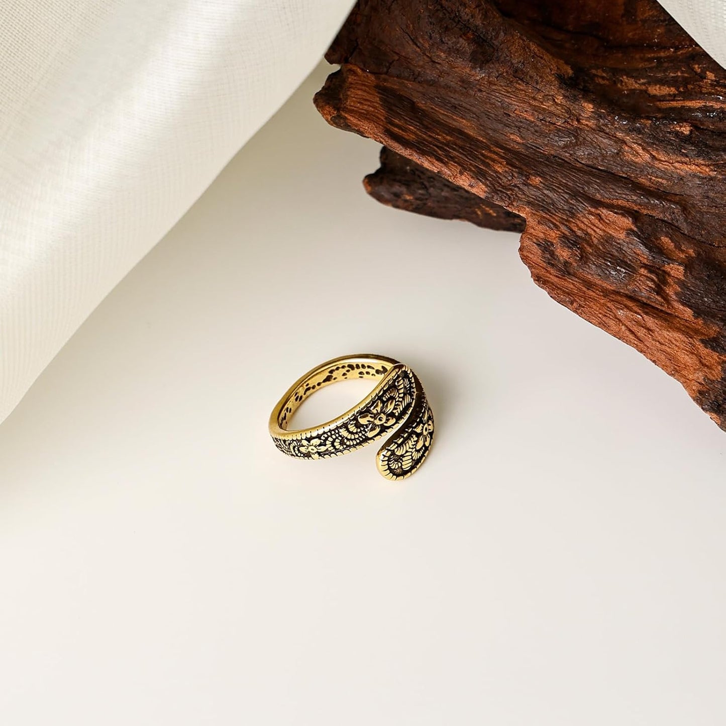 Vintage 14K Gold Plated and Silver Spoon Ring – Adjustable Ring with Carving Design for Women, Unique Boho Open Ring for Gift