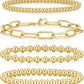 adoyi Gold Bracelets for Women Waterproof, 14K Gold Plated Beaded Strand Bead Ball Bracelets stack Adjustable Jewelry Set for Gifts
