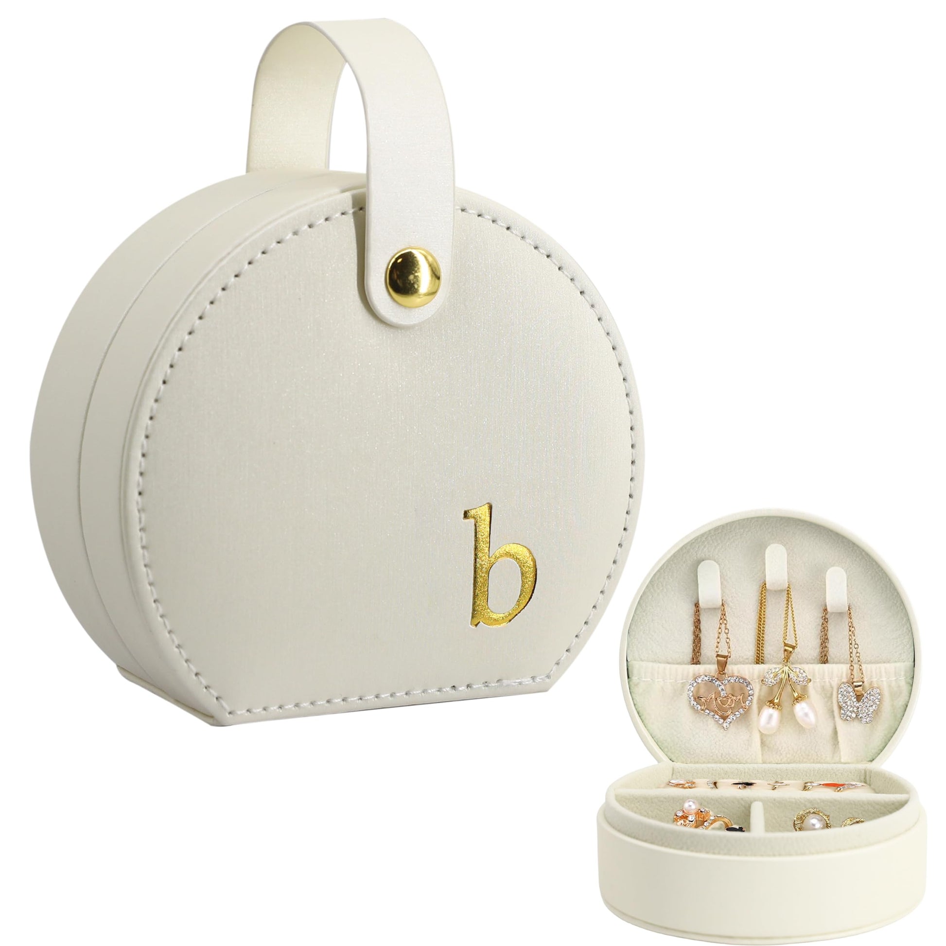 COLLECTIVE HOME - Travel Jewelry Case, Elegant Half-Moon Design with Gold Monogram, Detachable Handle, Personalized Accessory Organizer, Gift for Fashion-Forward Women and Teens (m)