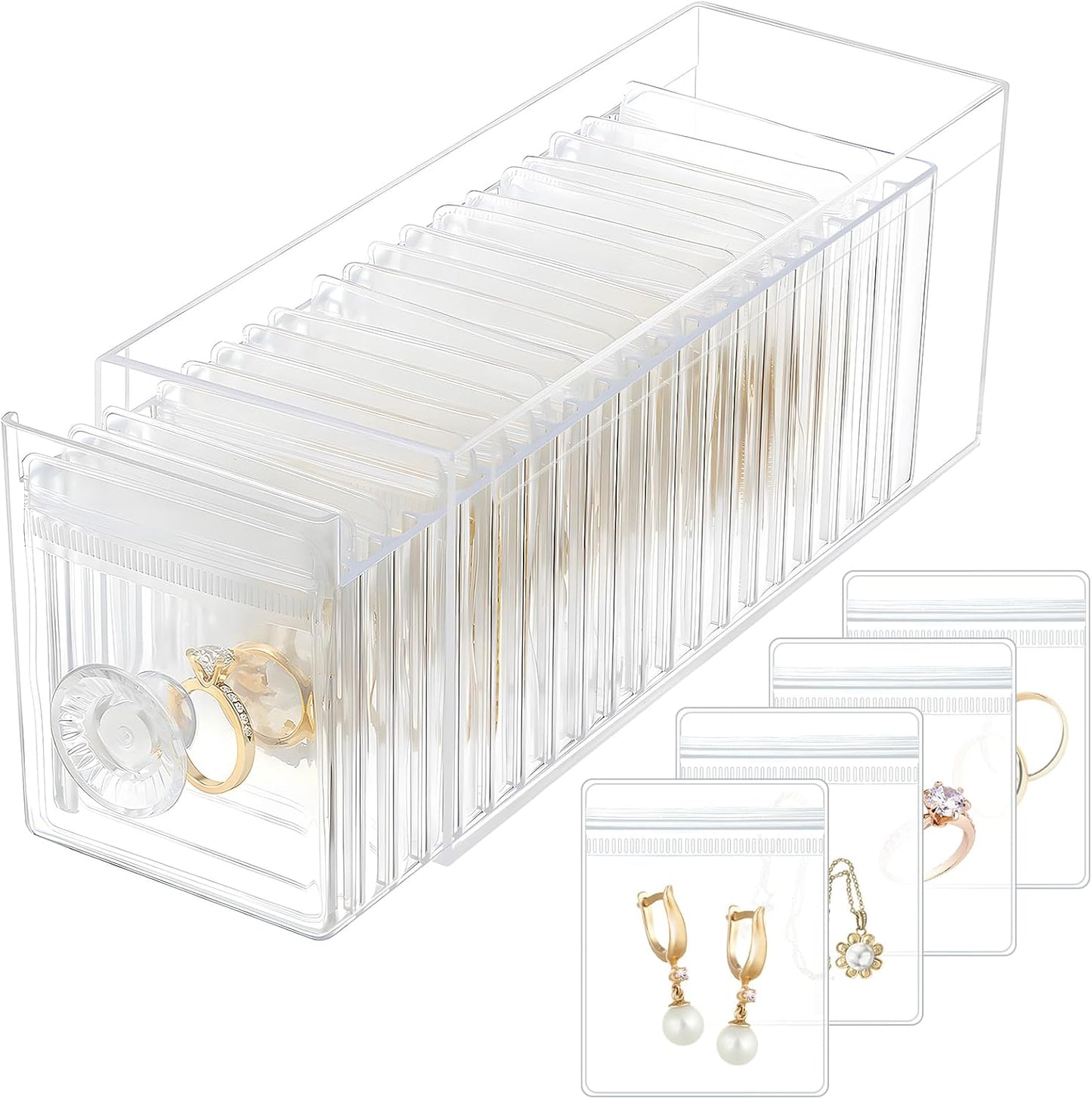 HOMEHIVE Acrylic Jewelry Box Organizer, Clear Jewelry Organizer and Storage with 20 Portable Anti Tarnish Jewelry bags, Travel Jewelry Case for Earrings/Rings/Necklaces Gifts for Women Girls, Clear