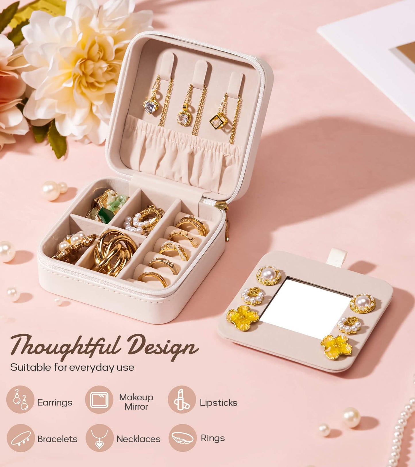 Enthralite Travel Jewelry Box for Girls: Traveling Ring Case Gift for Women - Mini Organizer for Necklaces Earrings White A