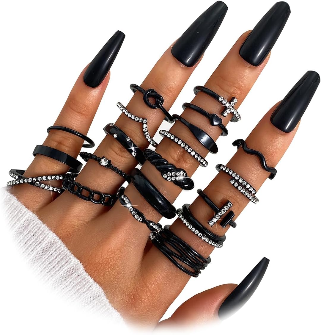 KISS WIFE Golden Silvery Black Kunckle Rings Set for Women, Dainty Simple Trendy Cute Stackable Finger Rings Pack, Perfect for Stacking Layering on Thumb and Knuckle, Mixed Size, Jewelry Gift