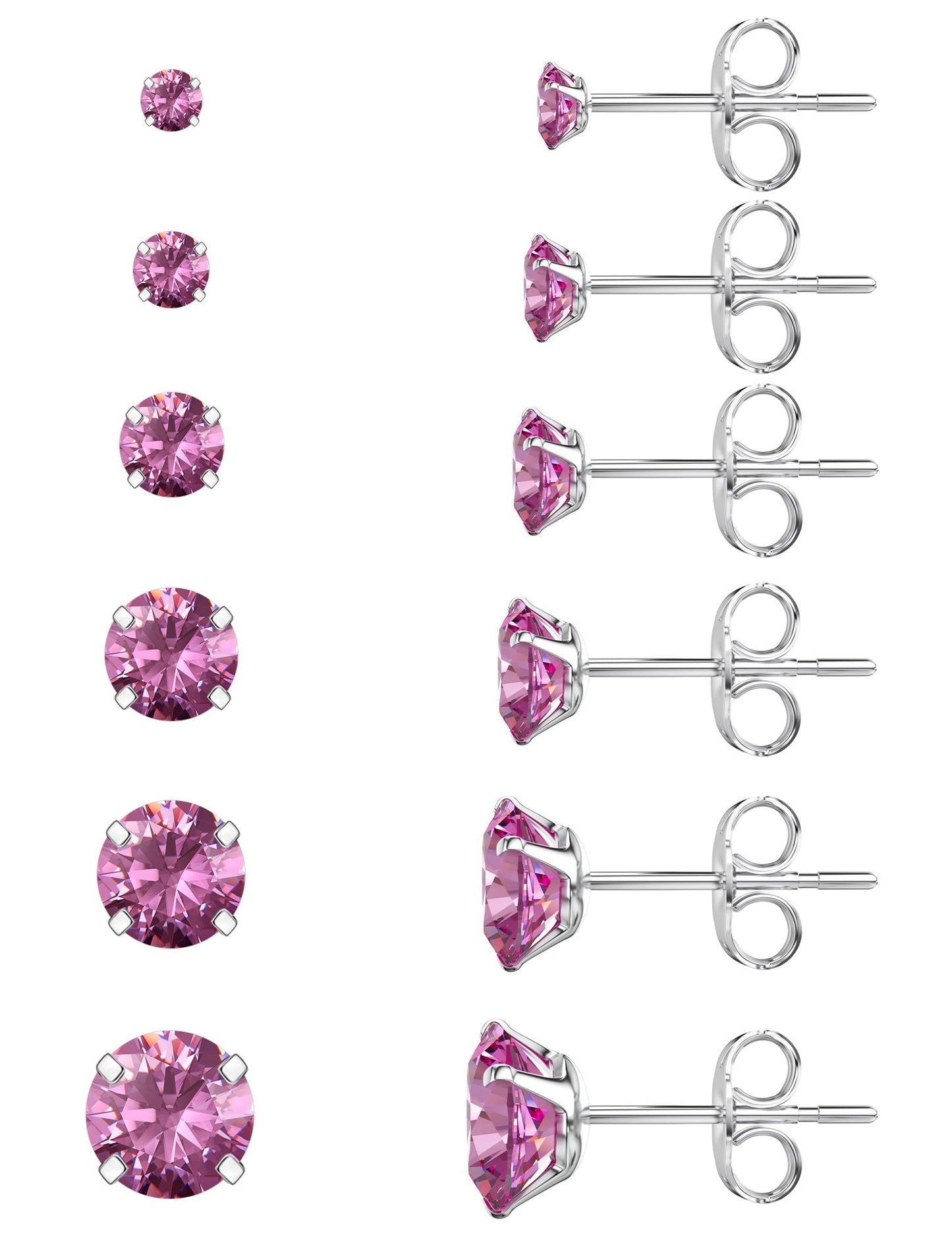 6 Pairs Stud Earrings Set, Hypoallergenic Cubic Zirconia 316L Earrings Stainless Steel CZ Earrings 3-8mm (Steel color)