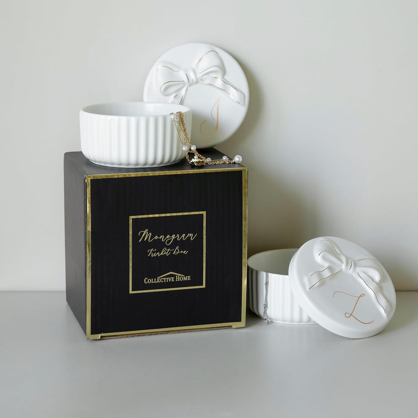 COLLECTIVE HOME Monogram Ceramic Jewelry Box with Bow - Small Jewelry Dish, Elegant Birthday, Graduation, Christmas & Women's Day Gifts (A)