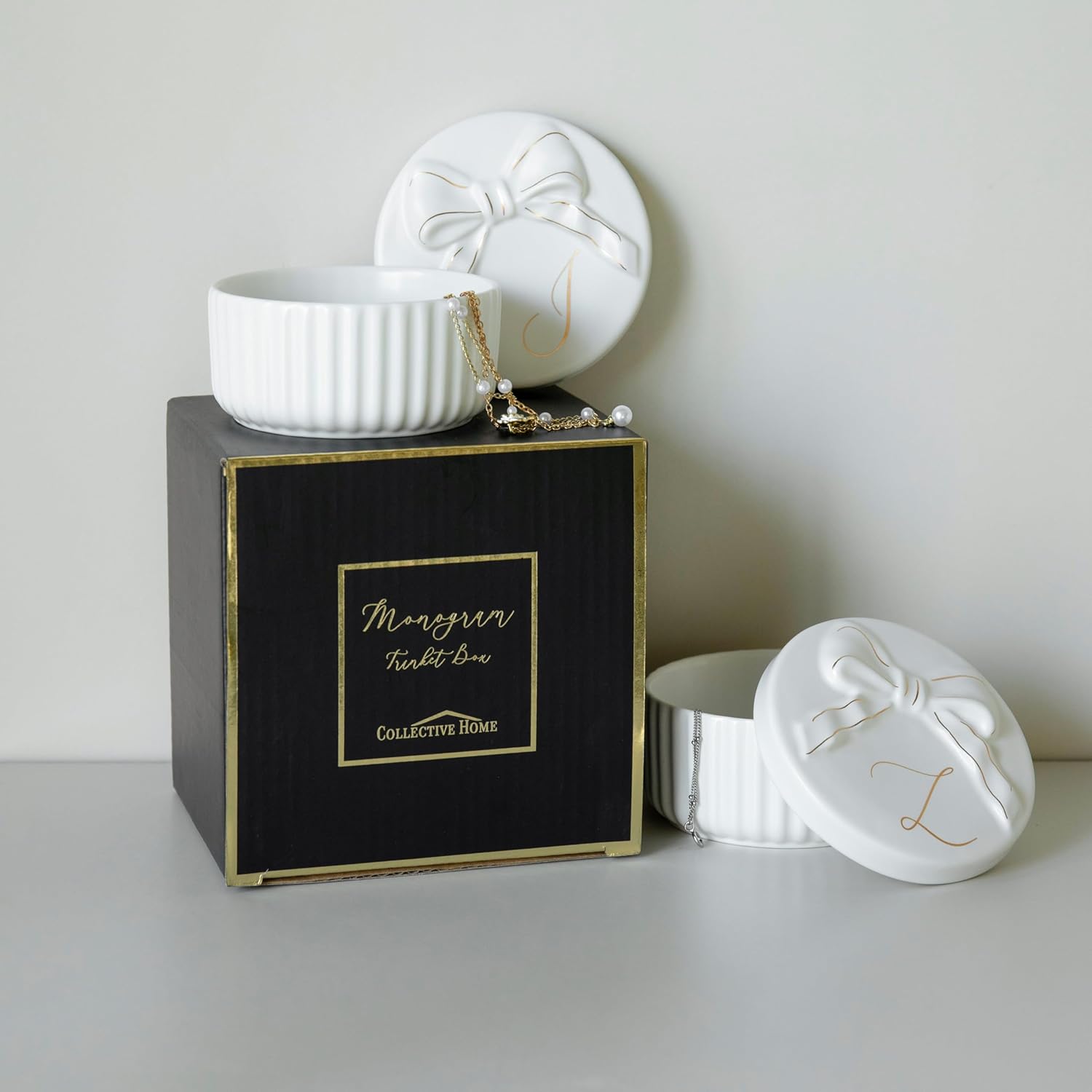 COLLECTIVE HOME Monogram Ceramic Jewelry Box with Bow - Small Jewelry Dish, Elegant Birthday, Graduation, Christmas & Women's Day Gifts (A)