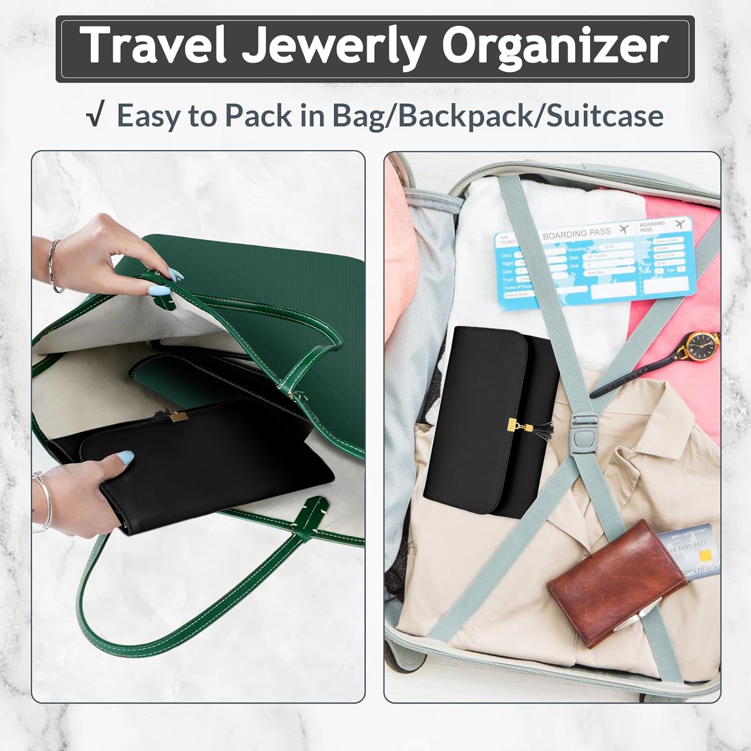 MATEIN Black Travel Jewelry Organizer, Vegan Leather Big Jewelry Rolls for Travel with Clear Pockets, Tangle-Free Necklace Holder for Daily Jewels Earrings Rings Bracelets, Valentine Gifts for Women