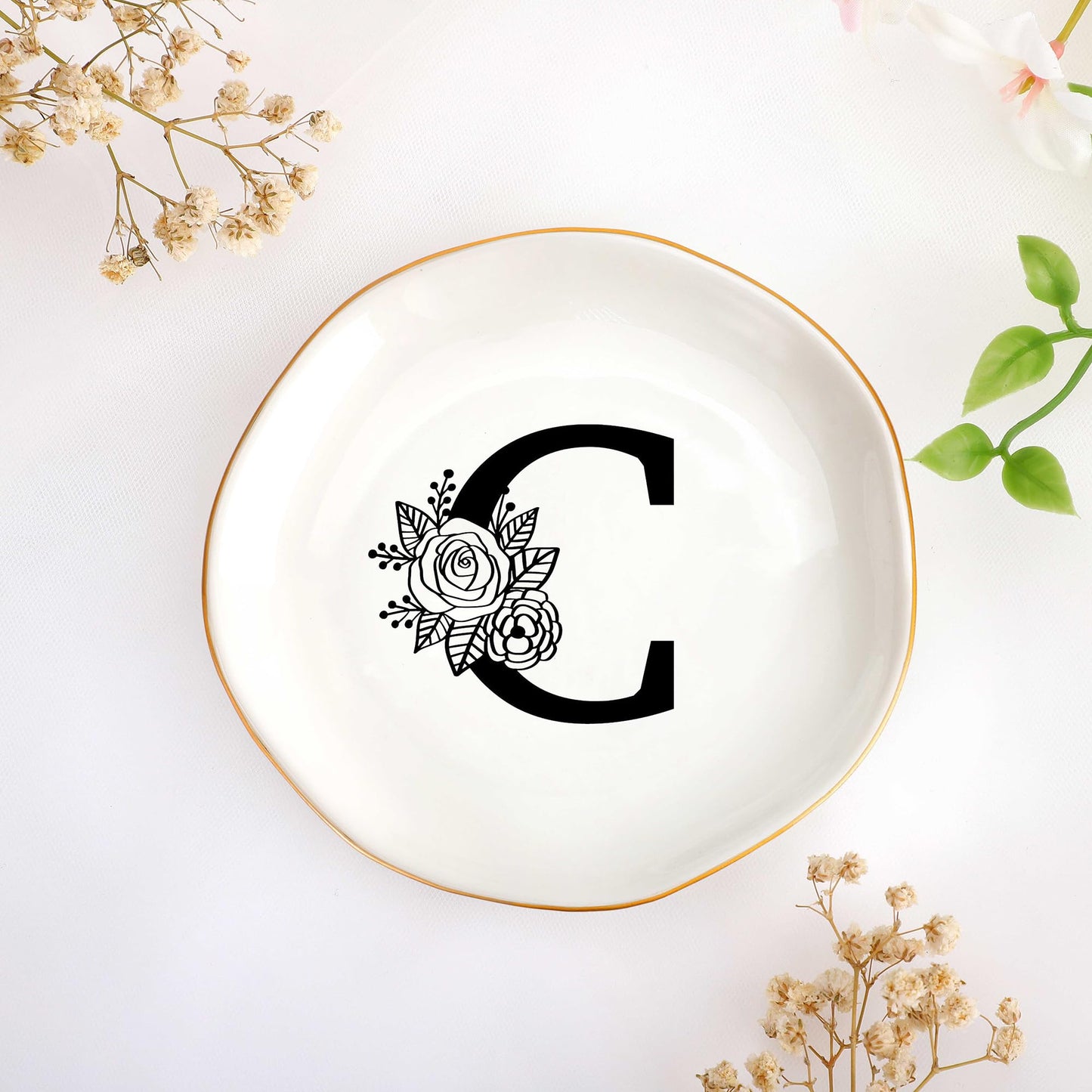 JoycuFF Initial A Ceramic Jewelry Tray, Bridesmaid Bride Gifts, Engagement Birthday Best Friend Mom Grandma Sister Gifts for Women, Trinket Dish for Rings Earrings Necklaces Bracelets Keys