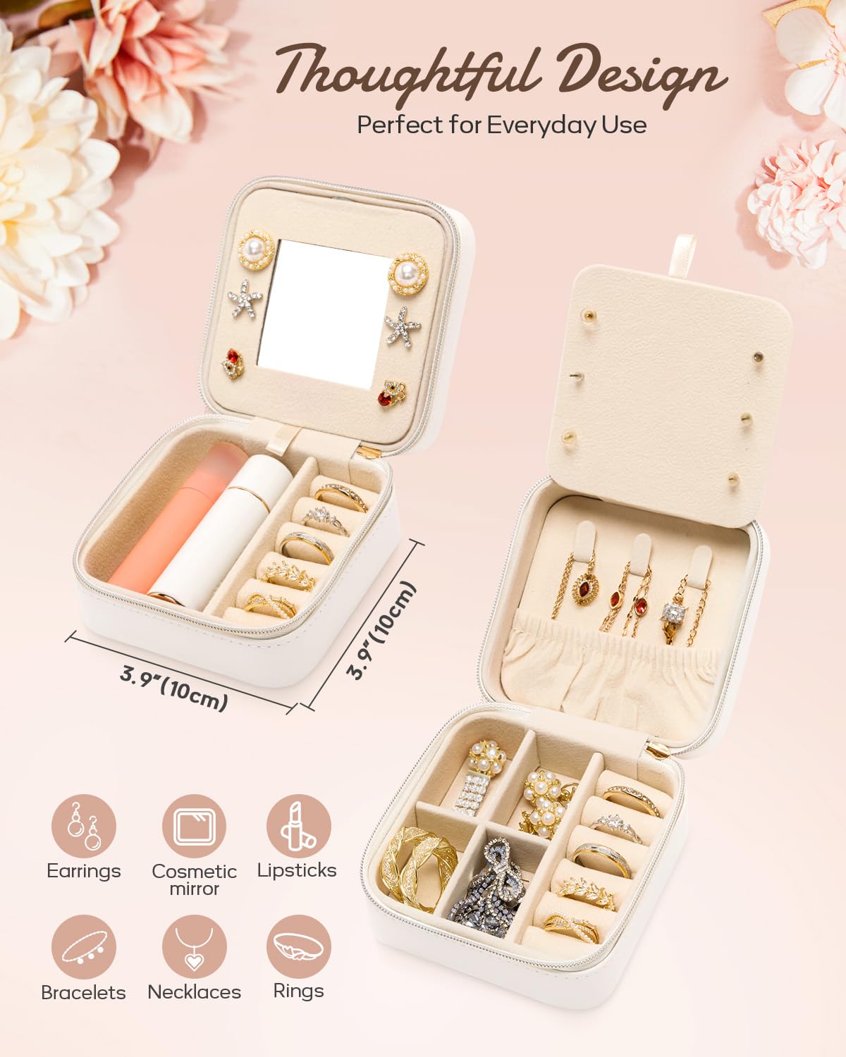 Enthralite Travel Jewelry Box for Girls: Traveling Ring Case Gift for Women - Mini Organizer for Necklaces Earrings White A