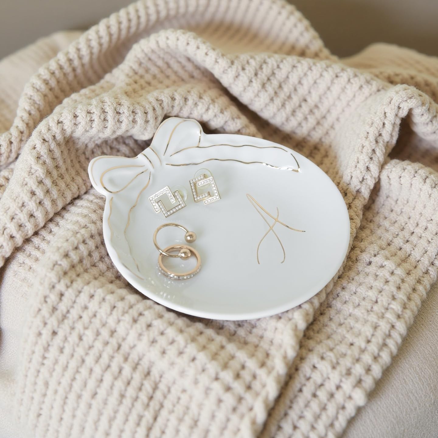 COLLECTIVE HOME Custom Initial Ceramic Jewelry Tray with Bow - Ring Holder & Earring Dish | Christmas Gift Idea for Women, Unique Birthday Present for Her (M)