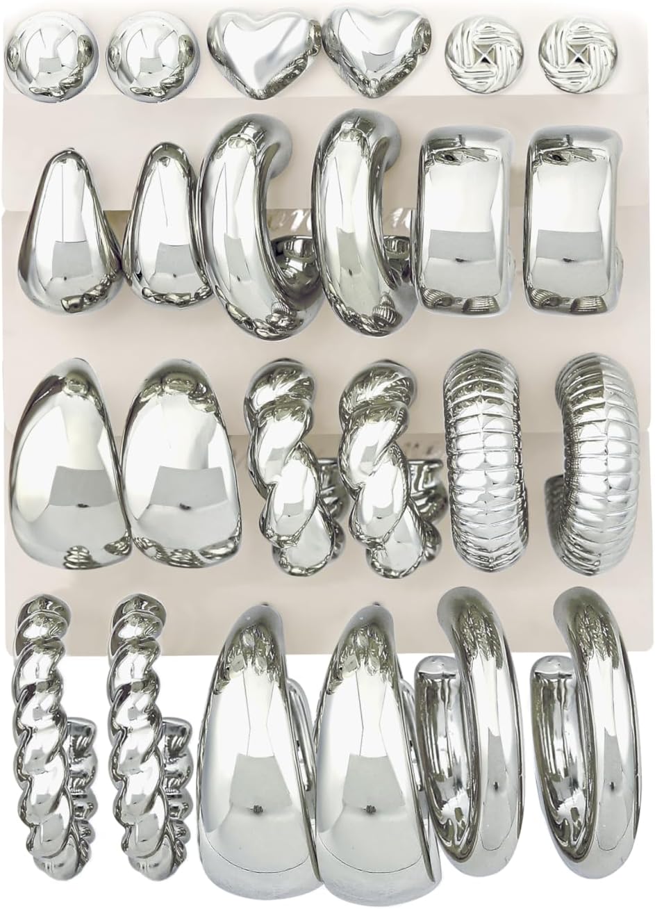 12 Pairs Chunky Gold Hoop Earrings for Women Trendy, Gold Plated Lightweight Hypoallergenic Stack, Thick Open Twisted Huggie Hoops Earring Set