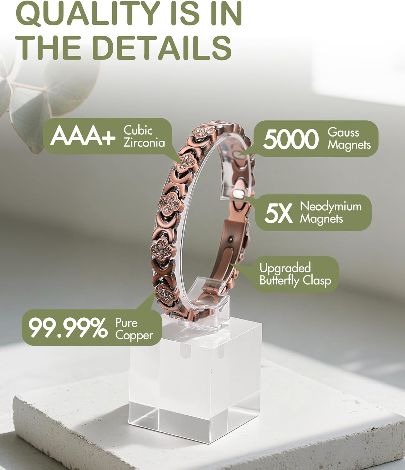 Feraco Pure Copper Bracelets for Women, Ultra Strength Magnetic Therapy Bracelet for Pain Relief with Neodymium Magnets & Sparkling Cubic Zirconia, Adjustable, Infinite Clover Jewelry