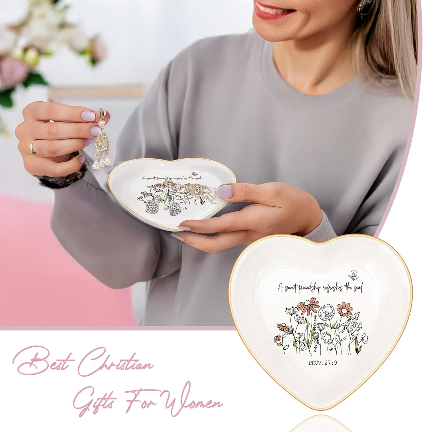 Christian Bible Verse Jewelry Dish Trinket Tray Gifts- Inspirational Ceramic Ring Jewelry Tray Gifts for Women-A Sweet Friendship Refreshes the Soul-Proverbs 27:9 (White)