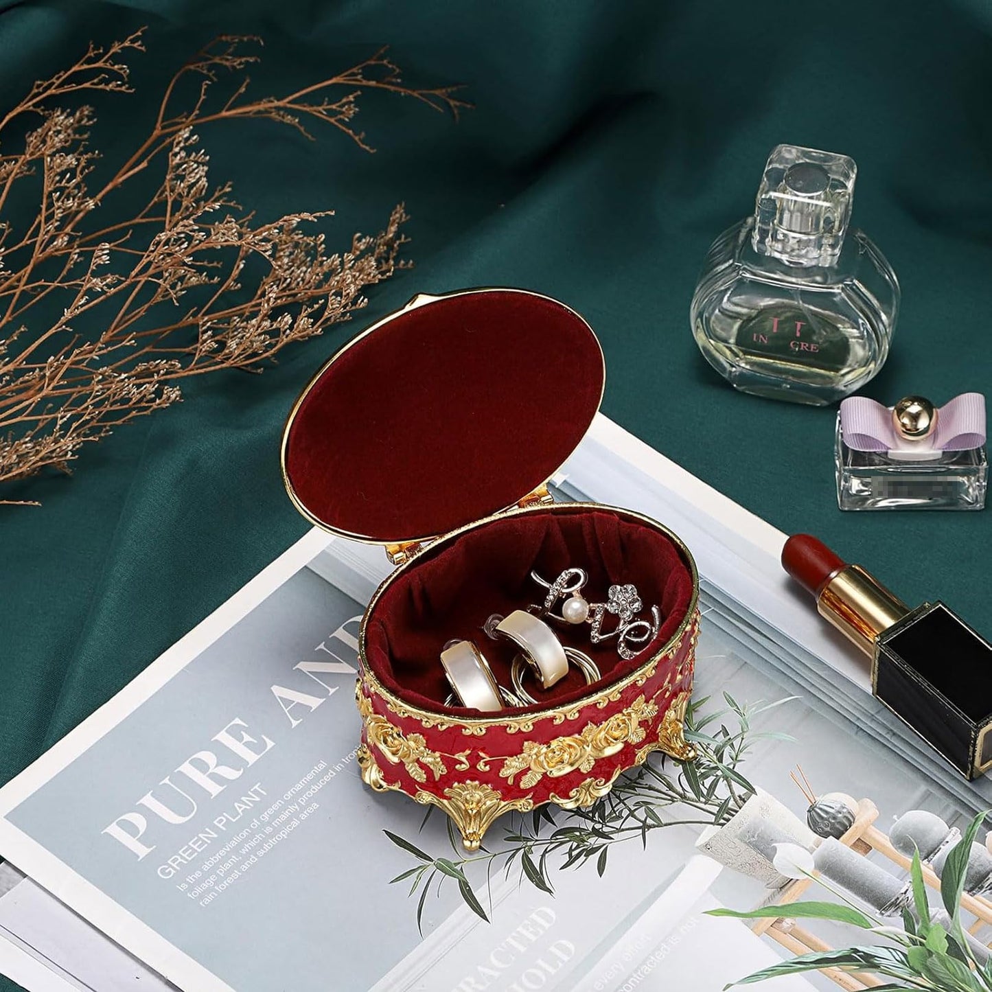 Hipiwe Vintage Metal Jewelry Box - Oval Trinket Organizer Ring Box Case with Rose Pattern Jewelry Storage Box for Ring Earrings Necklace, Gift for Women