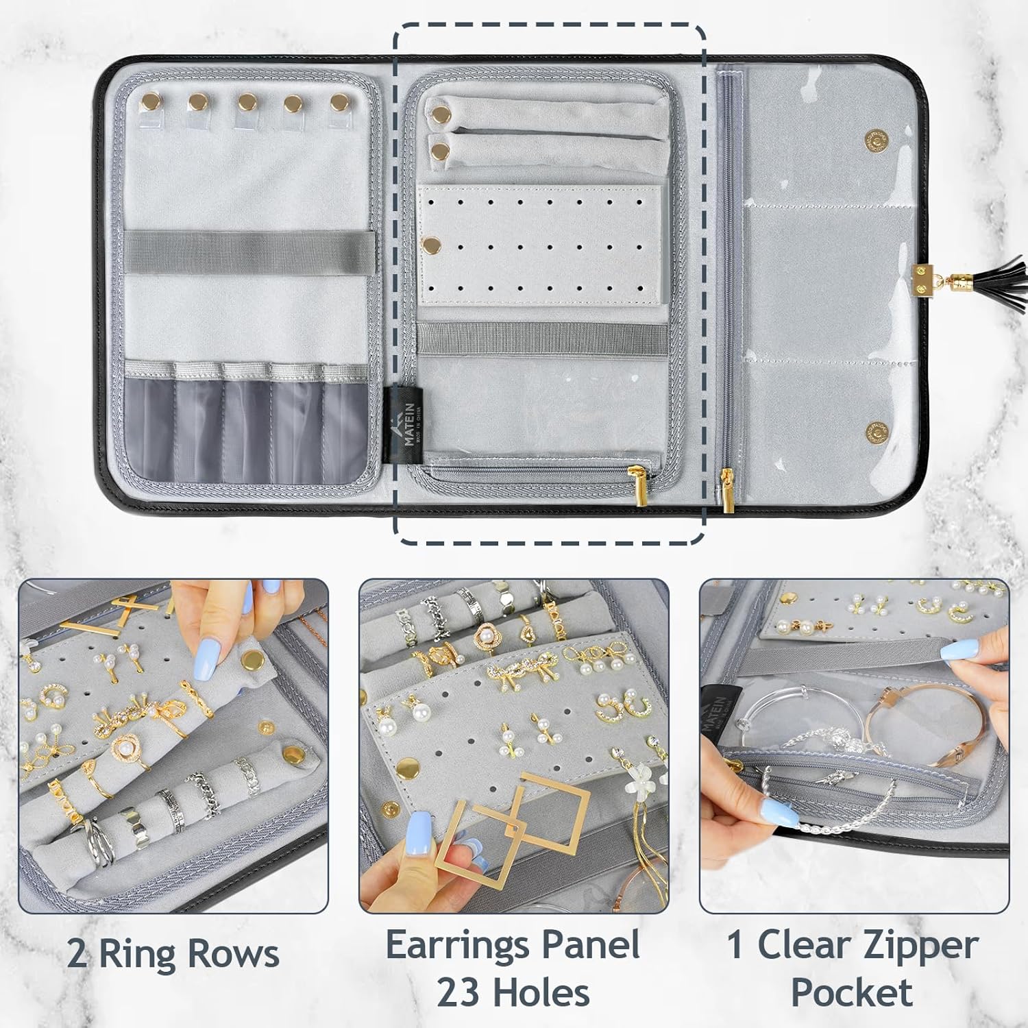 MATEIN Black Travel Jewelry Organizer, Vegan Leather Big Jewelry Rolls for Travel with Clear Pockets, Tangle-Free Necklace Holder for Daily Jewels Earrings Rings Bracelets, Valentine Gifts for Women