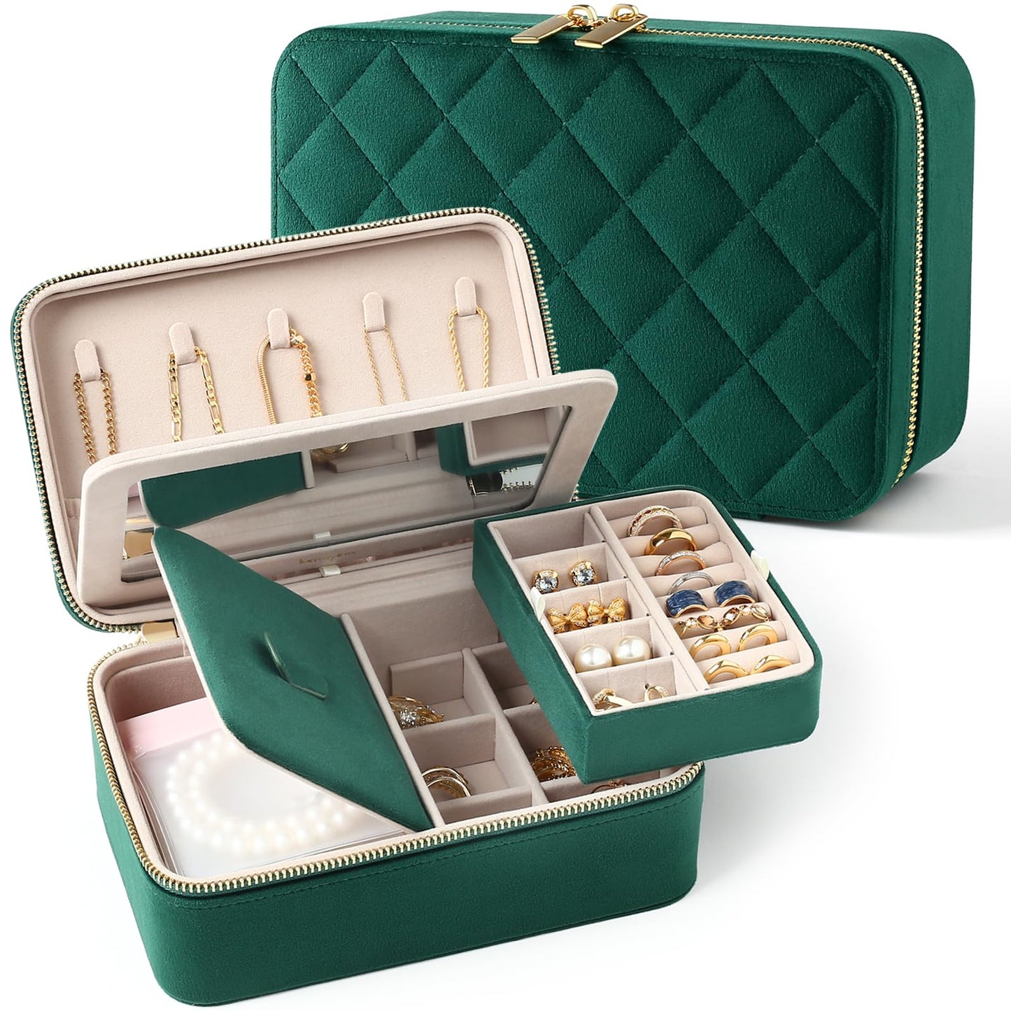 Velvet Travel Jewelry Box with Large Mirror, Double-Layer Jewelry Organizer Case for Women and Girls, Portable Storage Case with 6 Anti-Tarnish Bags Gift Ready for Her (Avocado Green)