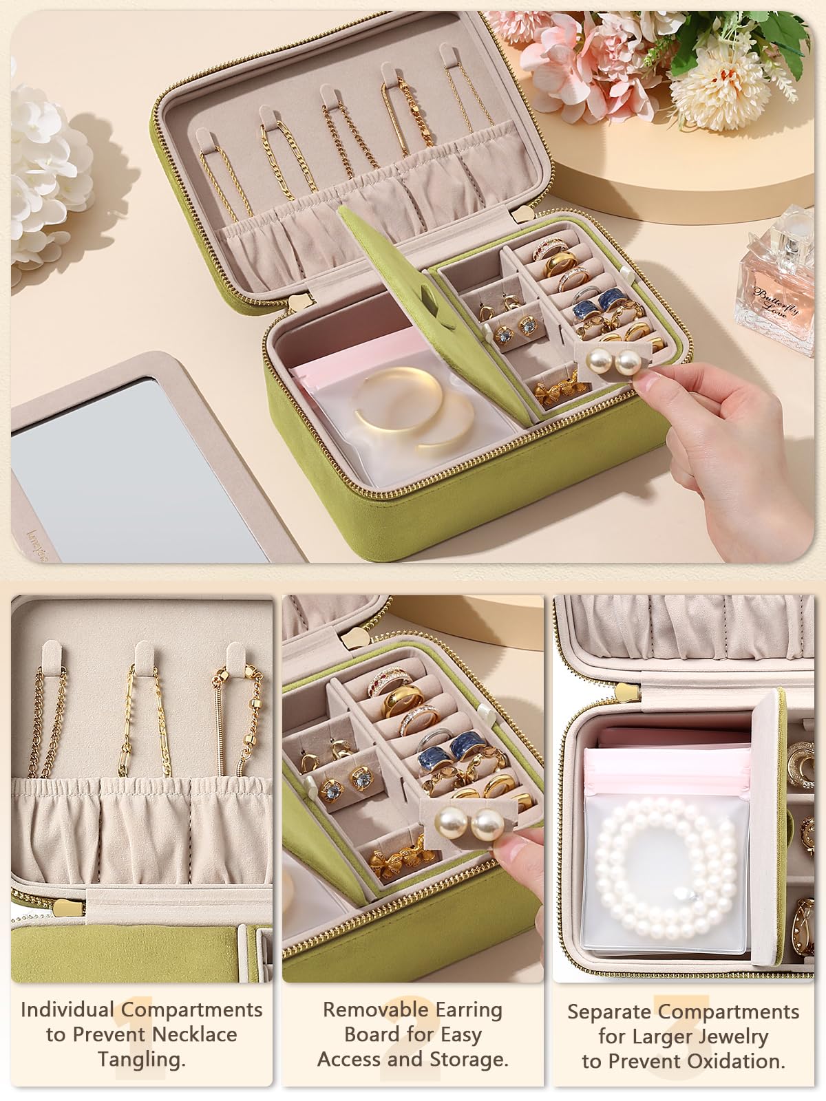 Velvet Travel Jewelry Box with Large Mirror, Double-Layer Jewelry Organizer Case for Women and Girls, Portable Storage Case with 6 Anti-Tarnish Bags Gift Ready for Her (Avocado Green)