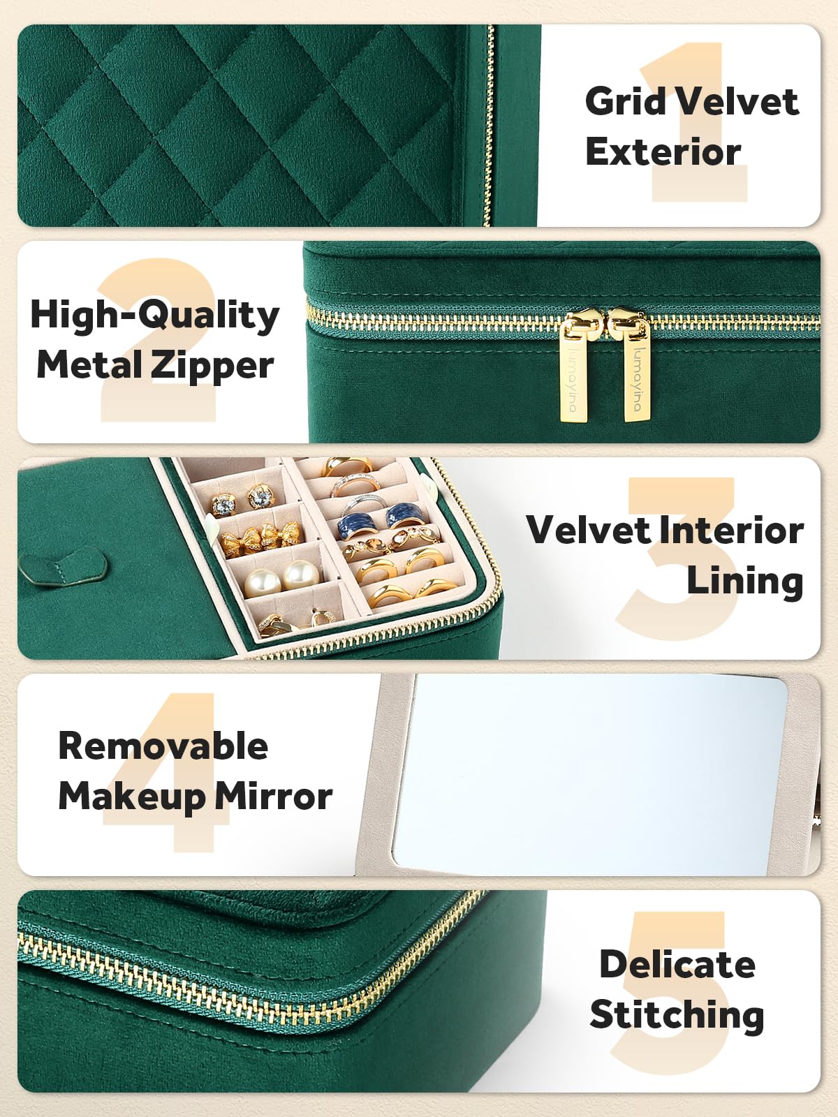 Velvet Travel Jewelry Box with Large Mirror, Double-Layer Jewelry Organizer Case for Women and Girls, Portable Storage Case with 6 Anti-Tarnish Bags Gift Ready for Her (Avocado Green)