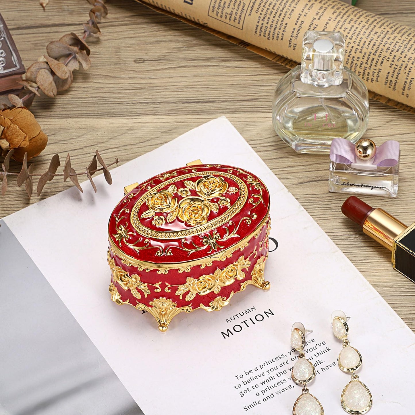 Hipiwe Vintage Metal Jewelry Box - Oval Trinket Organizer Ring Box Case with Rose Pattern Jewelry Storage Box for Ring Earrings Necklace, Gift for Women