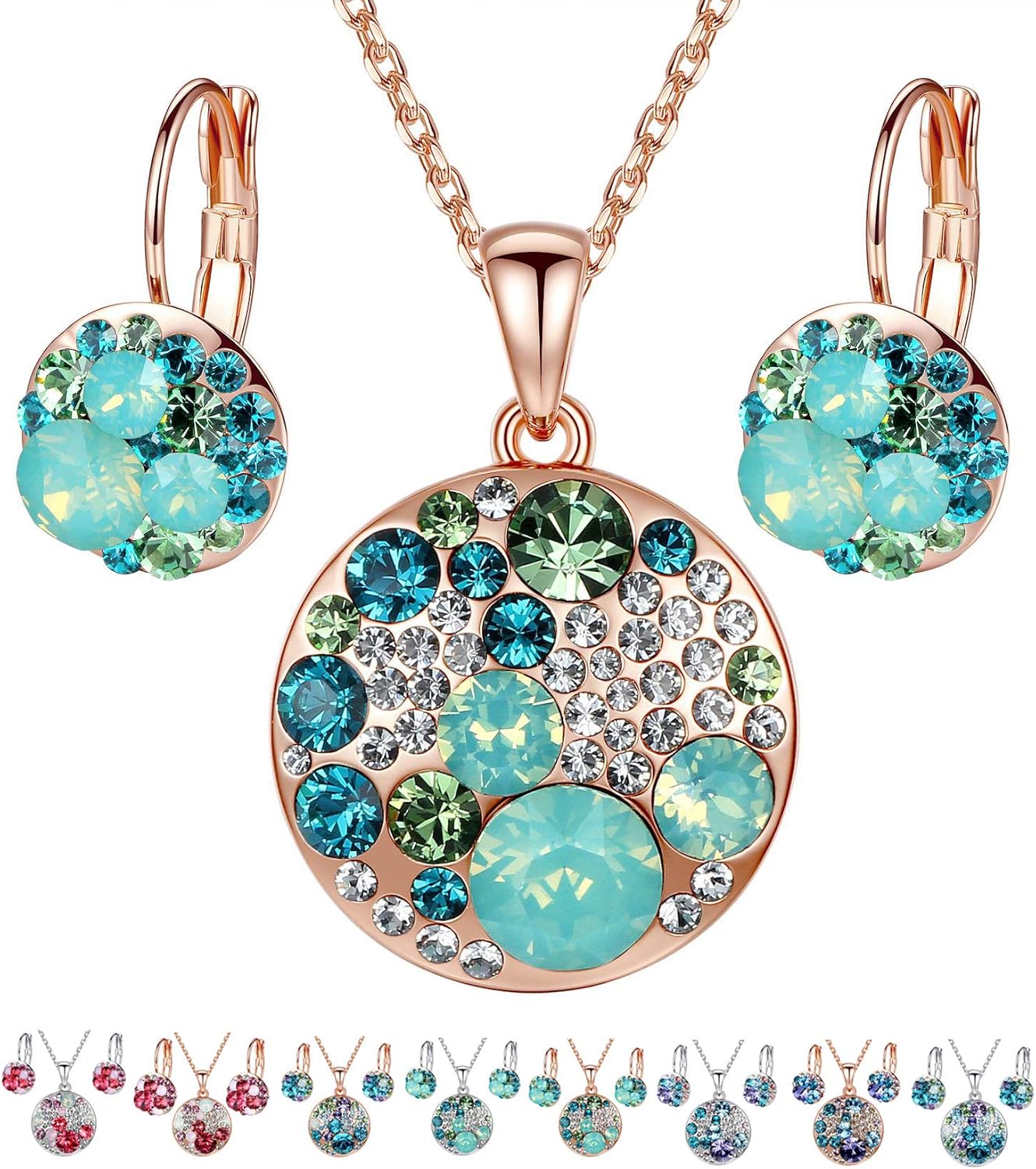 Leafael Ocean Bubble Women's Crystal Jewelry Set Costume Fashion Pendant Necklace Earring, Silver Tone or 18K Rose Gold Plated, 18" + 2", Birthday Gifts for Women