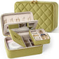 Velvet Travel Jewelry Box with Large Mirror, Double-Layer Jewelry Organizer Case for Women and Girls, Portable Storage Case with 6 Anti-Tarnish Bags Gift Ready for Her (Avocado Green)